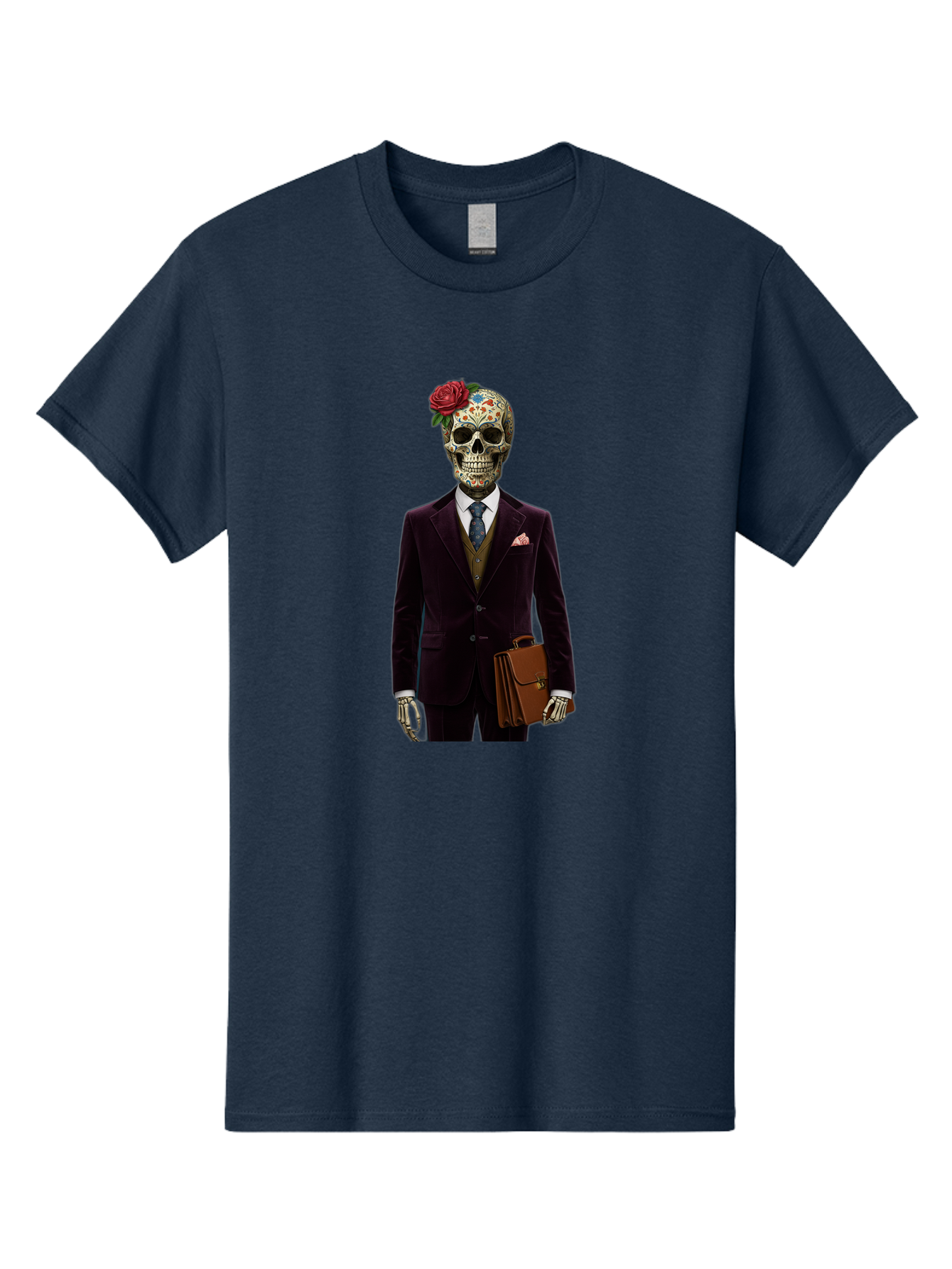 Sugar-Skull-Gentleman Men'S Graphic Tee, 100% Cotton, Comfortable Casual Summer Wear, Machine Washable, Sugar Skull, Businessman Attire, Formal Wear, Briefcase, Day Of The Dead, Colorful Skull, Decorated Skull, Skeleton Hand, Formal Suit, Bad784 10