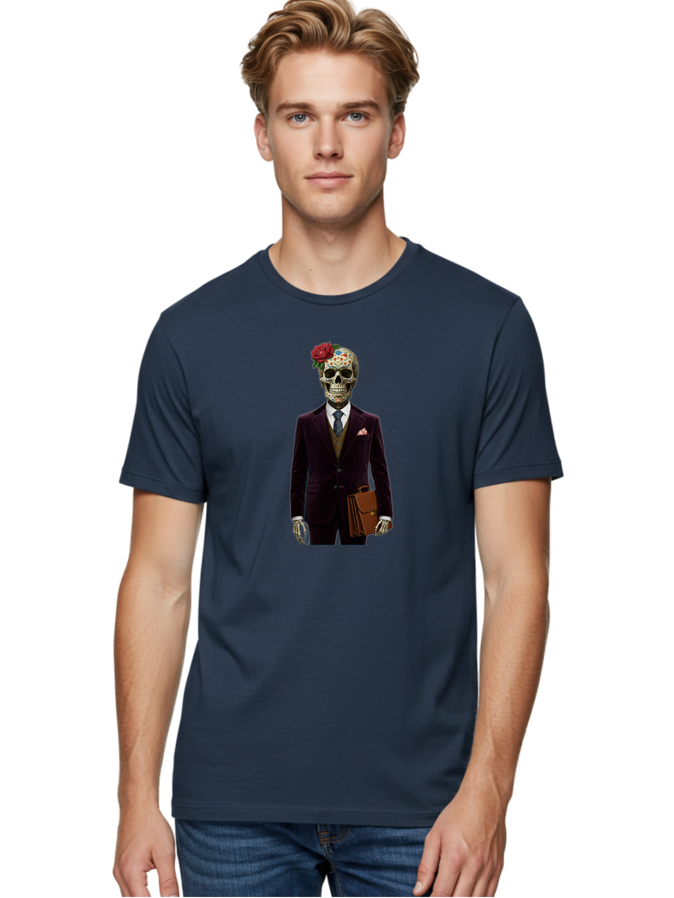 Sugar-Skull-Gentleman Men'S Graphic Tee, 100% Cotton, Comfortable Casual Summer Wear, Machine Washable, Sugar Skull, Businessman Attire, Formal Wear, Briefcase, Day Of The Dead, Colorful Skull, Decorated Skull, Skeleton Hand, Formal Suit, Bad784 25