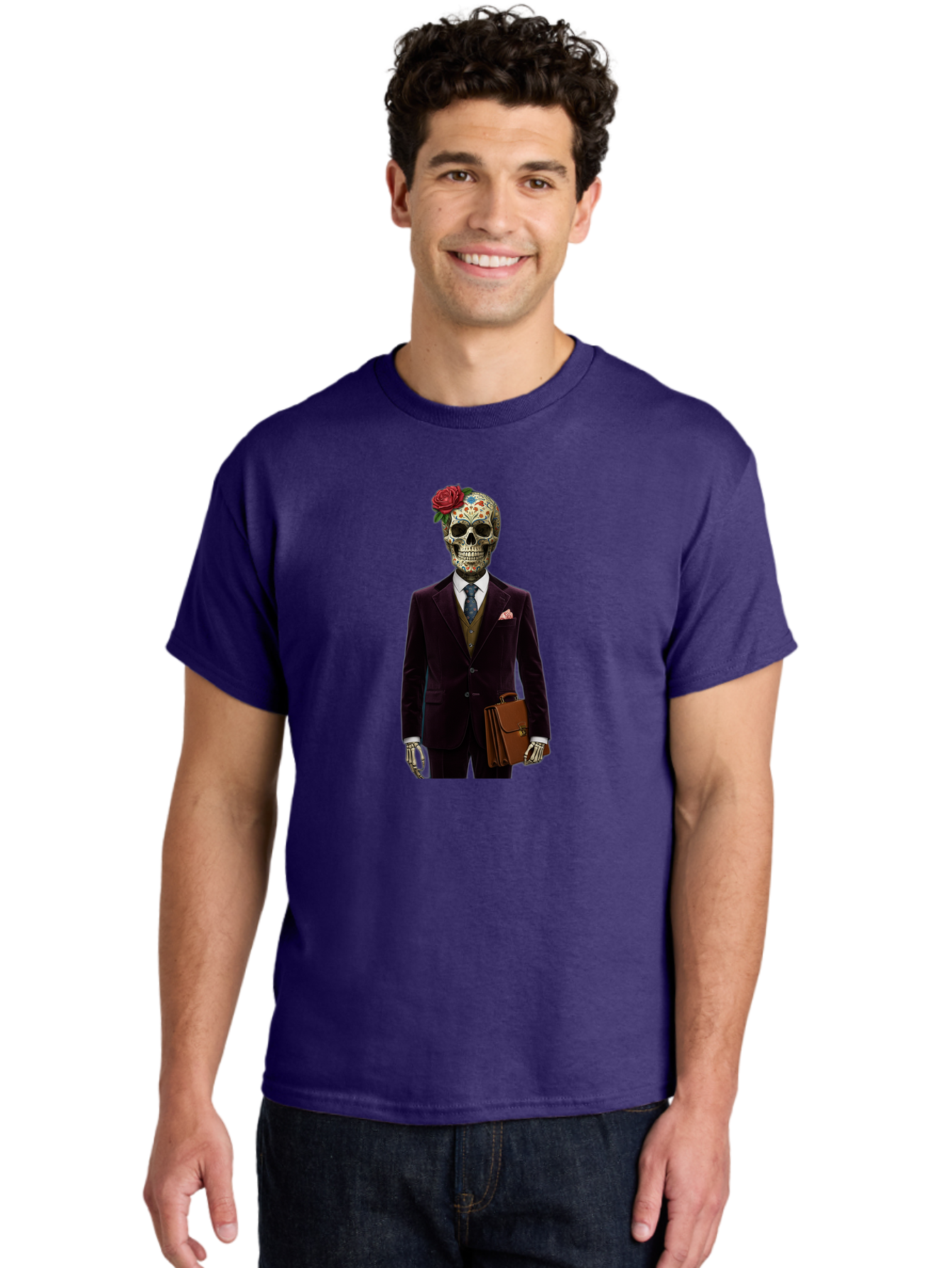 Sugar-Skull-Gentleman Men'S Graphic Tee, 100% Cotton, Comfortable Casual Summer Wear, Machine Washable, Sugar Skull, Businessman Attire, Formal Wear, Briefcase, Day Of The Dead, Colorful Skull, Decorated Skull, Skeleton Hand, Formal Suit, Bad784 23