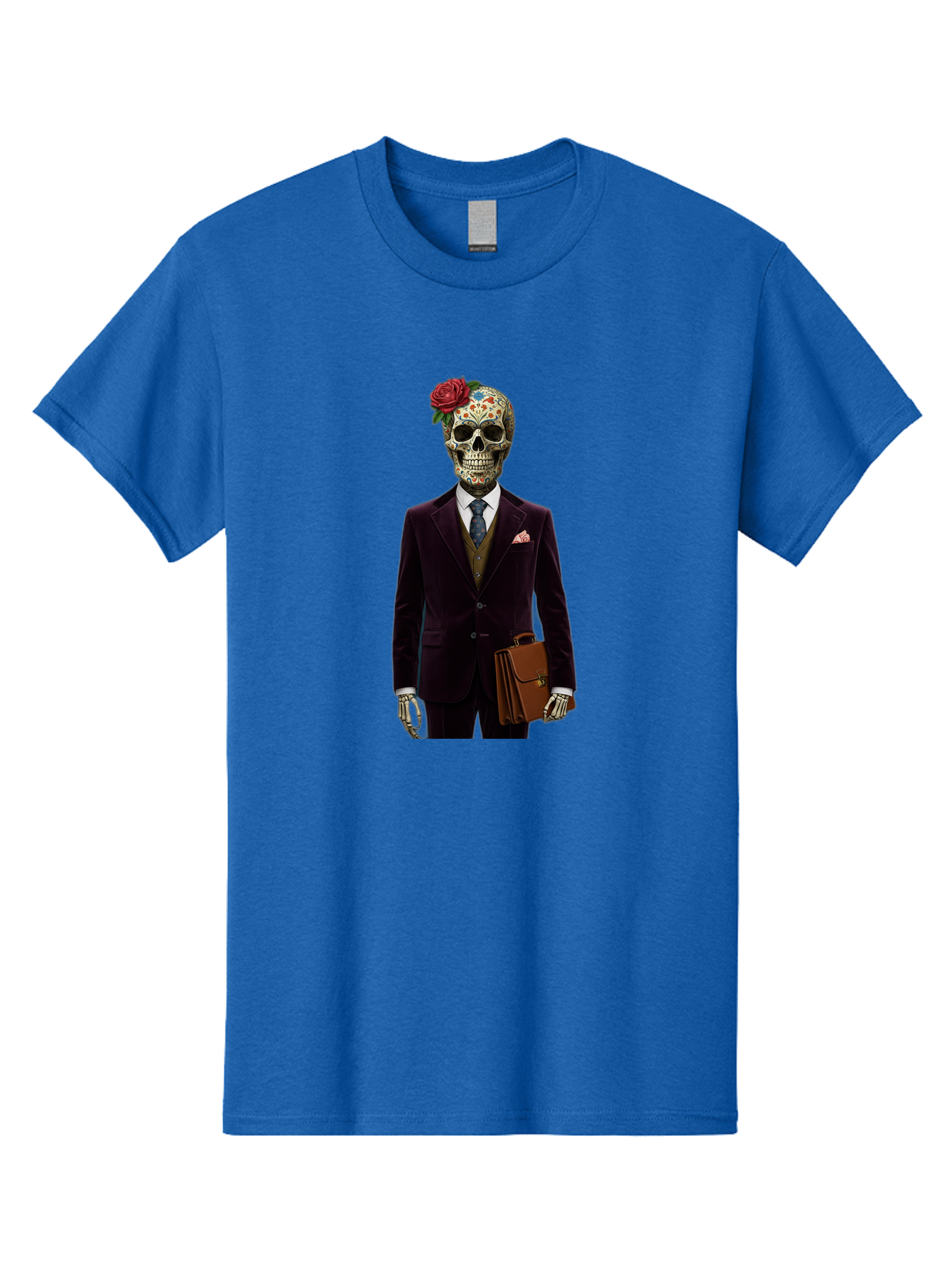 Sugar-Skull-Gentleman Men'S Graphic Tee, 100% Cotton, Comfortable Casual Summer Wear, Machine Washable, Sugar Skull, Businessman Attire, Formal Wear, Briefcase, Day Of The Dead, Colorful Skull, Decorated Skull, Skeleton Hand, Formal Suit, Bad784 13