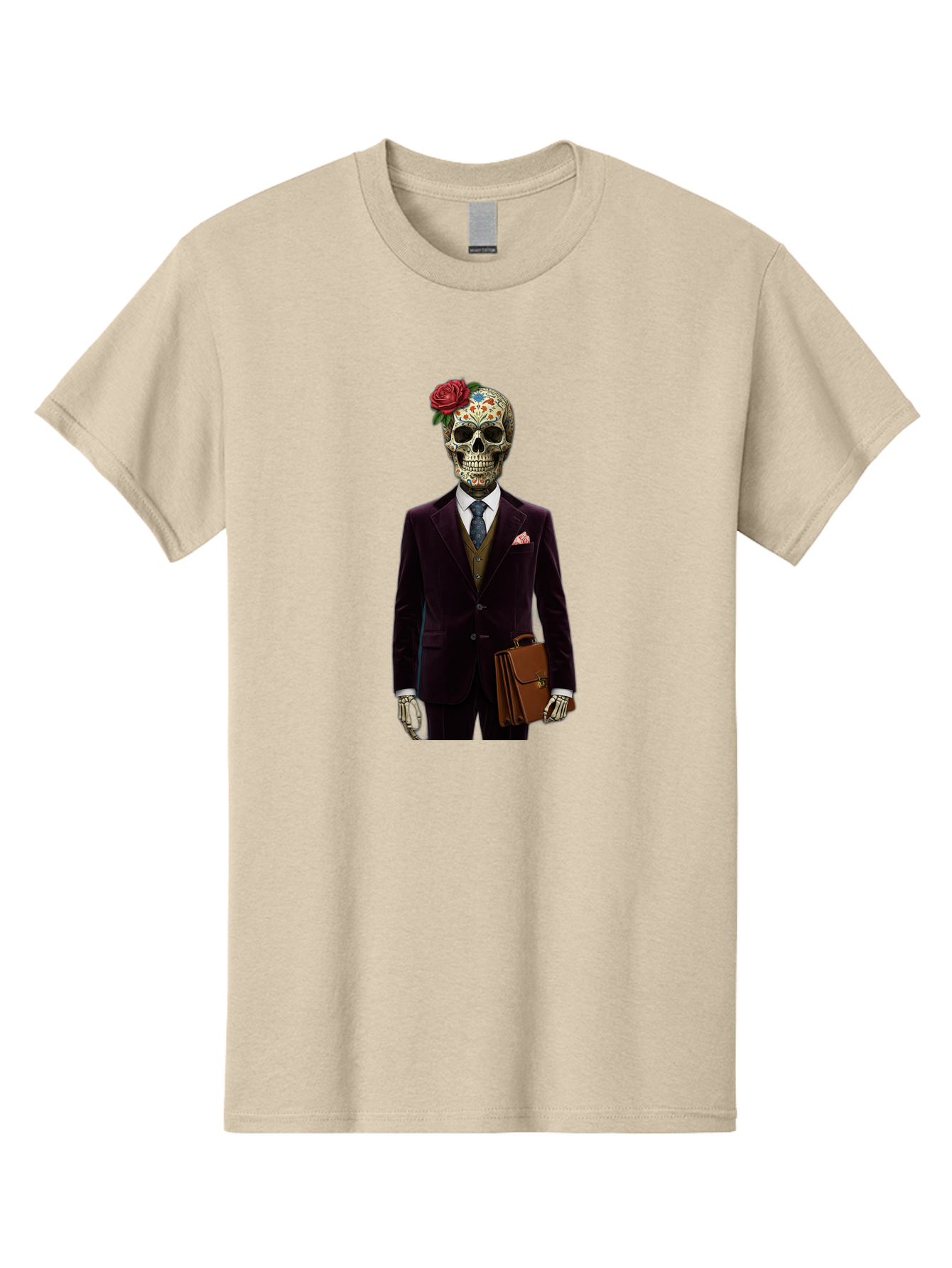 Sugar-Skull-Gentleman Men'S Graphic Tee, 100% Cotton, Comfortable Casual Summer Wear, Machine Washable, Sugar Skull, Businessman Attire, Formal Wear, Briefcase, Day Of The Dead, Colorful Skull, Decorated Skull, Skeleton Hand, Formal Suit, Bad784 6