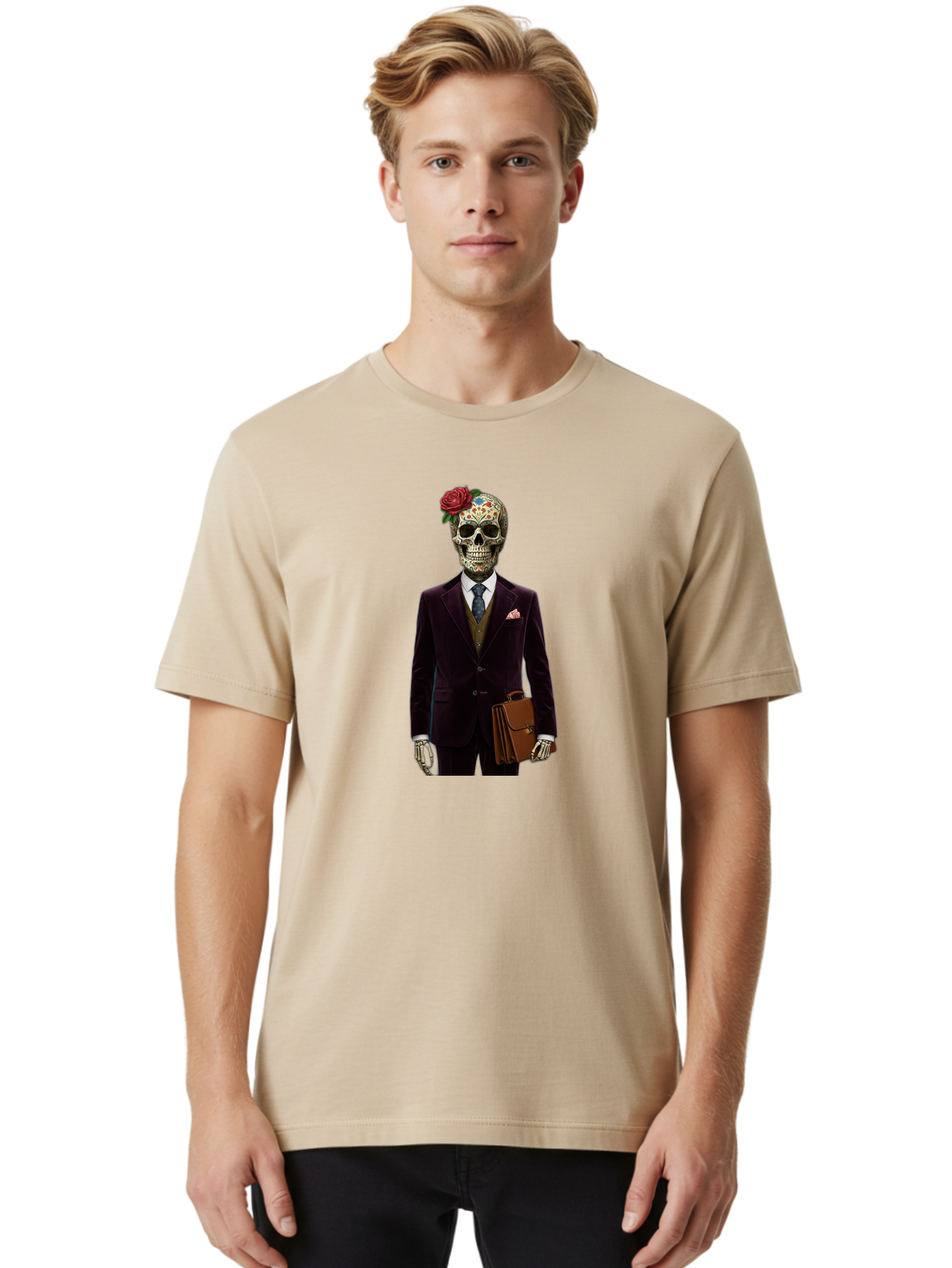 Sugar-Skull-Gentleman Men'S Graphic Tee, 100% Cotton, Comfortable Casual Summer Wear, Machine Washable, Sugar Skull, Businessman Attire, Formal Wear, Briefcase, Day Of The Dead, Colorful Skull, Decorated Skull, Skeleton Hand, Formal Suit, Bad784 21