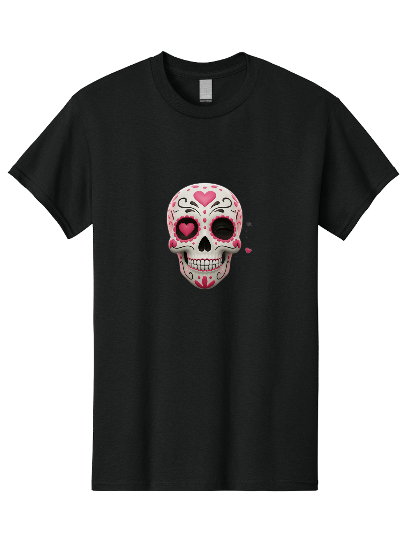 Sugar-Skull-Heart-Eyes Men'S Graphic Tee, 100% Cotton, Comfortable Casual Summer Wear, Machine Washable, Sugar Skull, Day Of The Dead, Pink Hearts, Floral Patterns, Black Swirls, Vibrant Colors, Festive Design, Intricate Details, Bad785 6