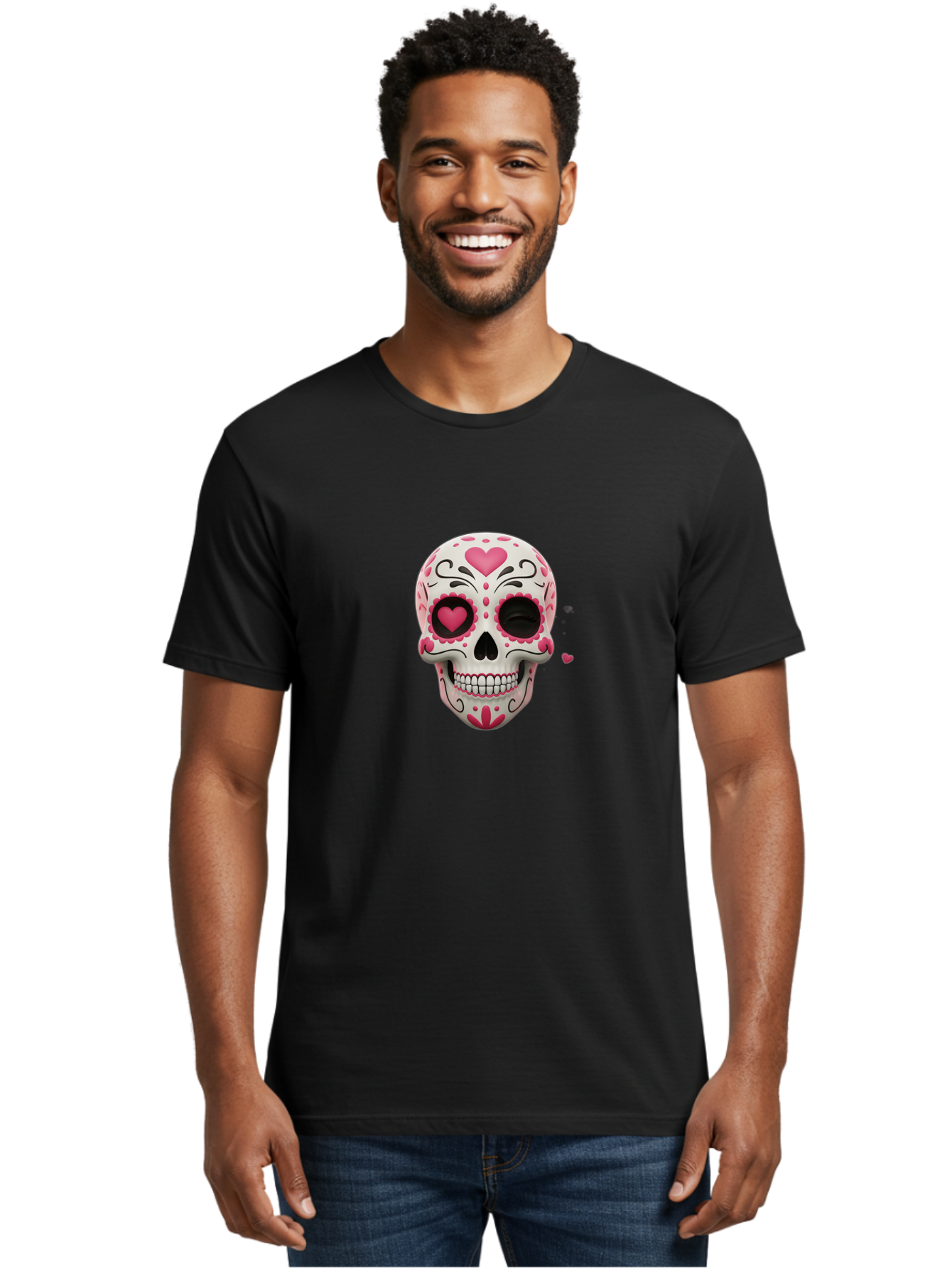 Sugar-Skull-Heart-Eyes Men'S Graphic Tee, 100% Cotton, Comfortable Casual Summer Wear, Machine Washable, Sugar Skull, Day Of The Dead, Pink Hearts, Floral Patterns, Black Swirls, Vibrant Colors, Festive Design, Intricate Details, Bad785 21