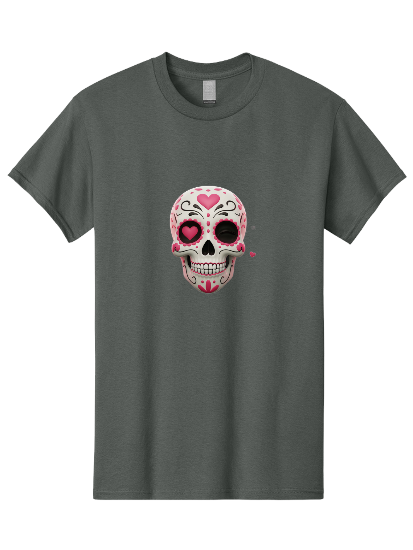 Sugar-Skull-Heart-Eyes Men'S Graphic Tee, 100% Cotton, Comfortable Casual Summer Wear, Machine Washable, Sugar Skull, Day Of The Dead, Pink Hearts, Floral Patterns, Black Swirls, Vibrant Colors, Festive Design, Intricate Details, Bad785 3