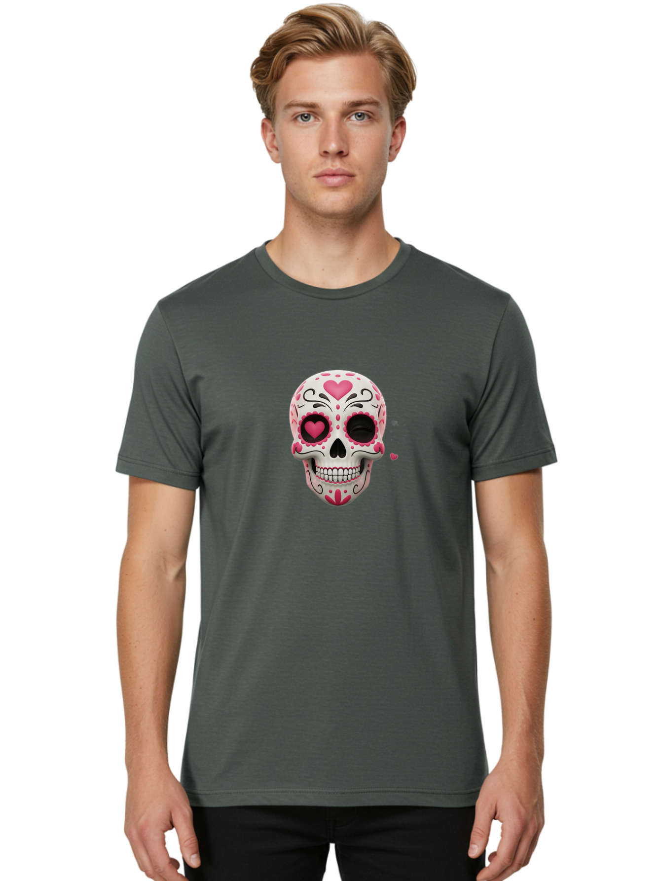 Sugar-Skull-Heart-Eyes Men'S Graphic Tee, 100% Cotton, Comfortable Casual Summer Wear, Machine Washable, Sugar Skull, Day Of The Dead, Pink Hearts, Floral Patterns, Black Swirls, Vibrant Colors, Festive Design, Intricate Details, Bad785 18