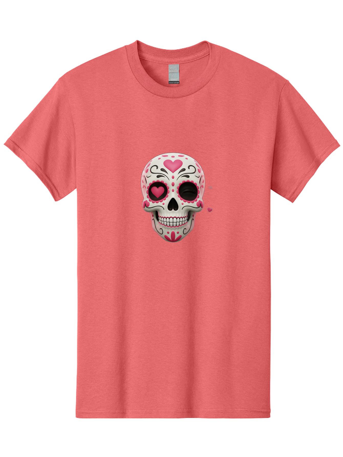 Sugar-Skull-Heart-Eyes Men'S Graphic Tee, 100% Cotton, Comfortable Casual Summer Wear, Machine Washable, Sugar Skull, Day Of The Dead, Pink Hearts, Floral Patterns, Black Swirls, Vibrant Colors, Festive Design, Intricate Details, Bad785 7