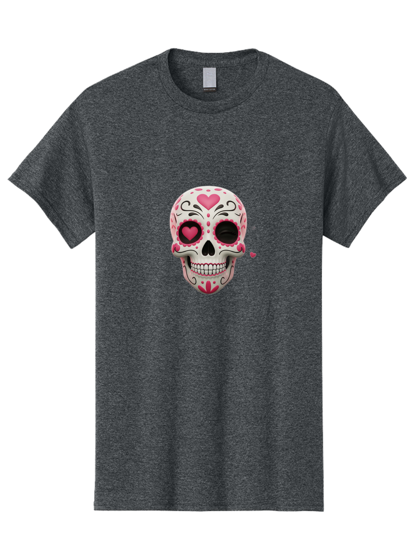 Sugar-Skull-Heart-Eyes Men'S Graphic Tee, 100% Cotton, Comfortable Casual Summer Wear, Machine Washable, Sugar Skull, Day Of The Dead, Pink Hearts, Floral Patterns, Black Swirls, Vibrant Colors, Festive Design, Intricate Details, Bad785 14