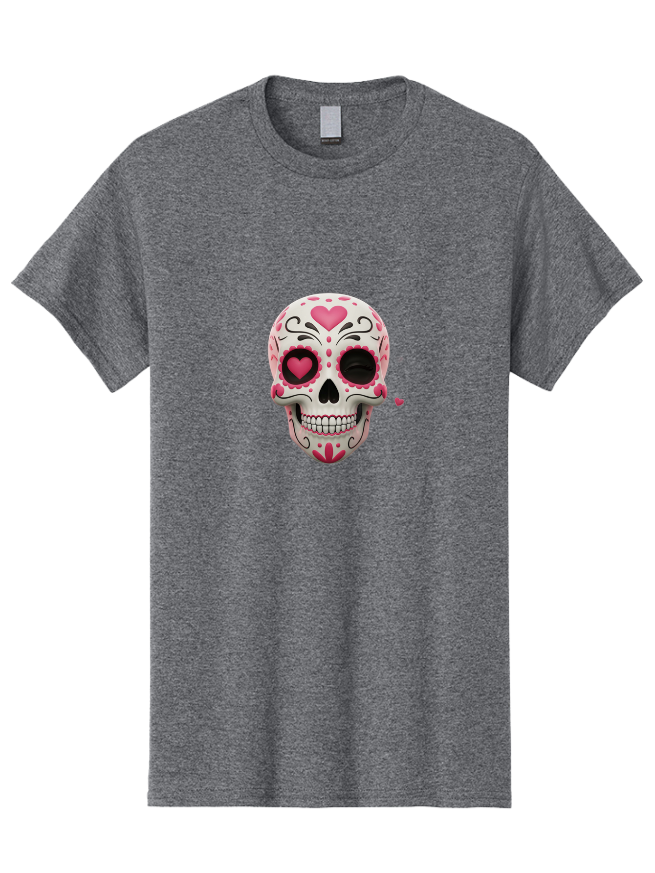 Sugar-Skull-Heart-Eyes Men'S Graphic Tee, 100% Cotton, Comfortable Casual Summer Wear, Machine Washable, Sugar Skull, Day Of The Dead, Pink Hearts, Floral Patterns, Black Swirls, Vibrant Colors, Festive Design, Intricate Details, Bad785 15