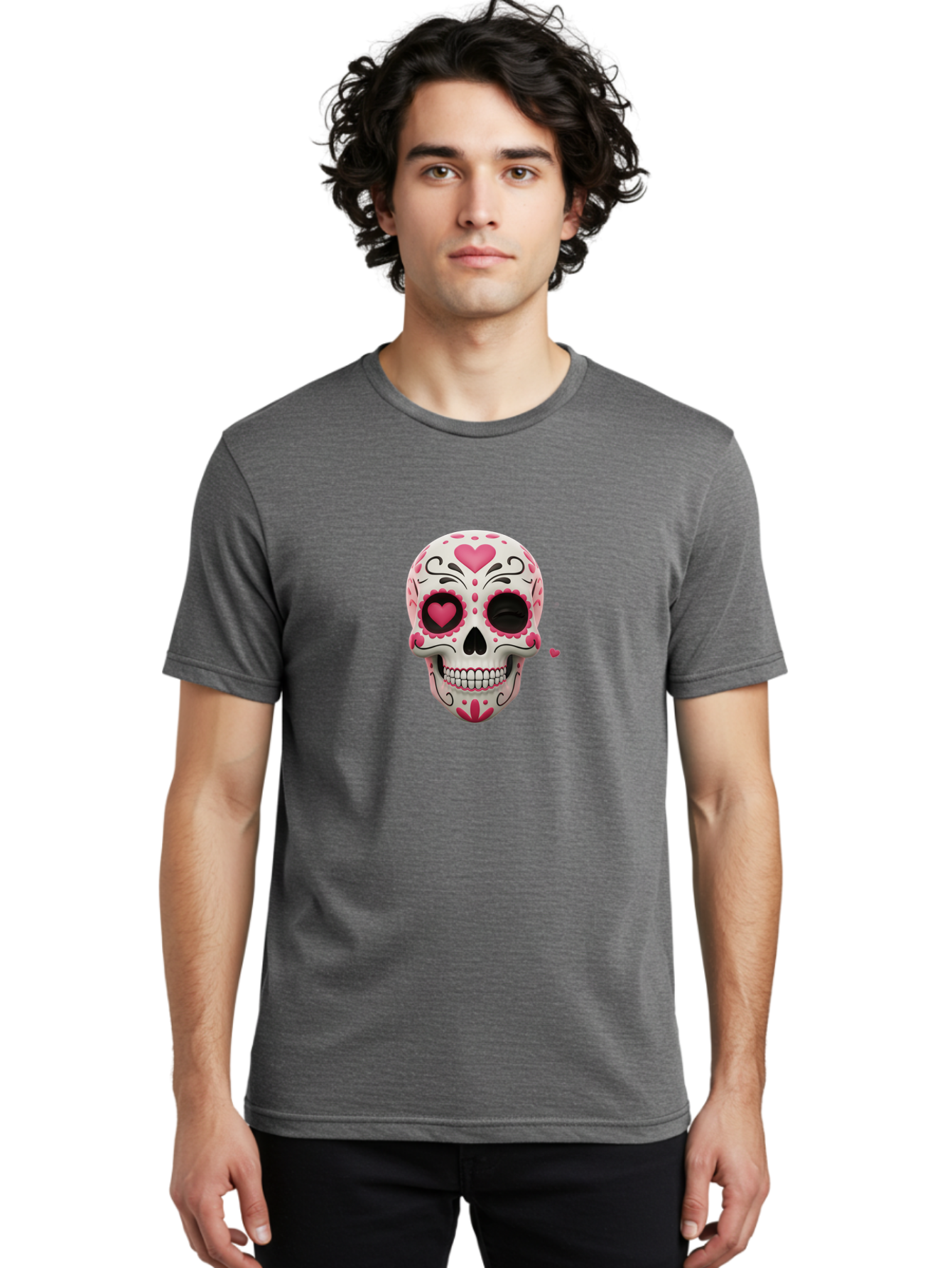 Sugar-Skull-Heart-Eyes Men'S Graphic Tee, 100% Cotton, Comfortable Casual Summer Wear, Machine Washable, Sugar Skull, Day Of The Dead, Pink Hearts, Floral Patterns, Black Swirls, Vibrant Colors, Festive Design, Intricate Details, Bad785 30