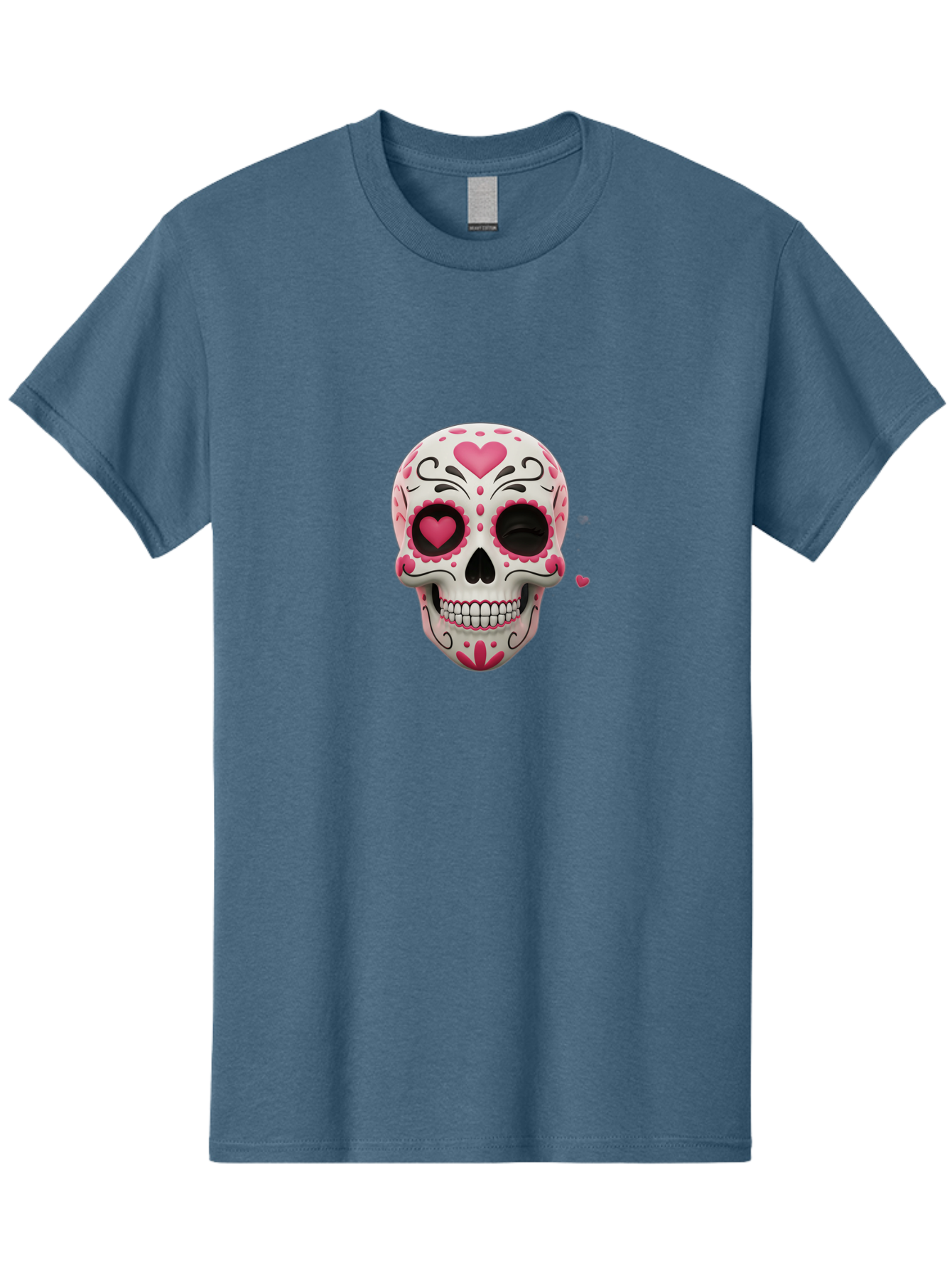 Sugar-Skull-Heart-Eyes Men'S Graphic Tee, 100% Cotton, Comfortable Casual Summer Wear, Machine Washable, Sugar Skull, Day Of The Dead, Pink Hearts, Floral Patterns, Black Swirls, Vibrant Colors, Festive Design, Intricate Details, Bad785 1