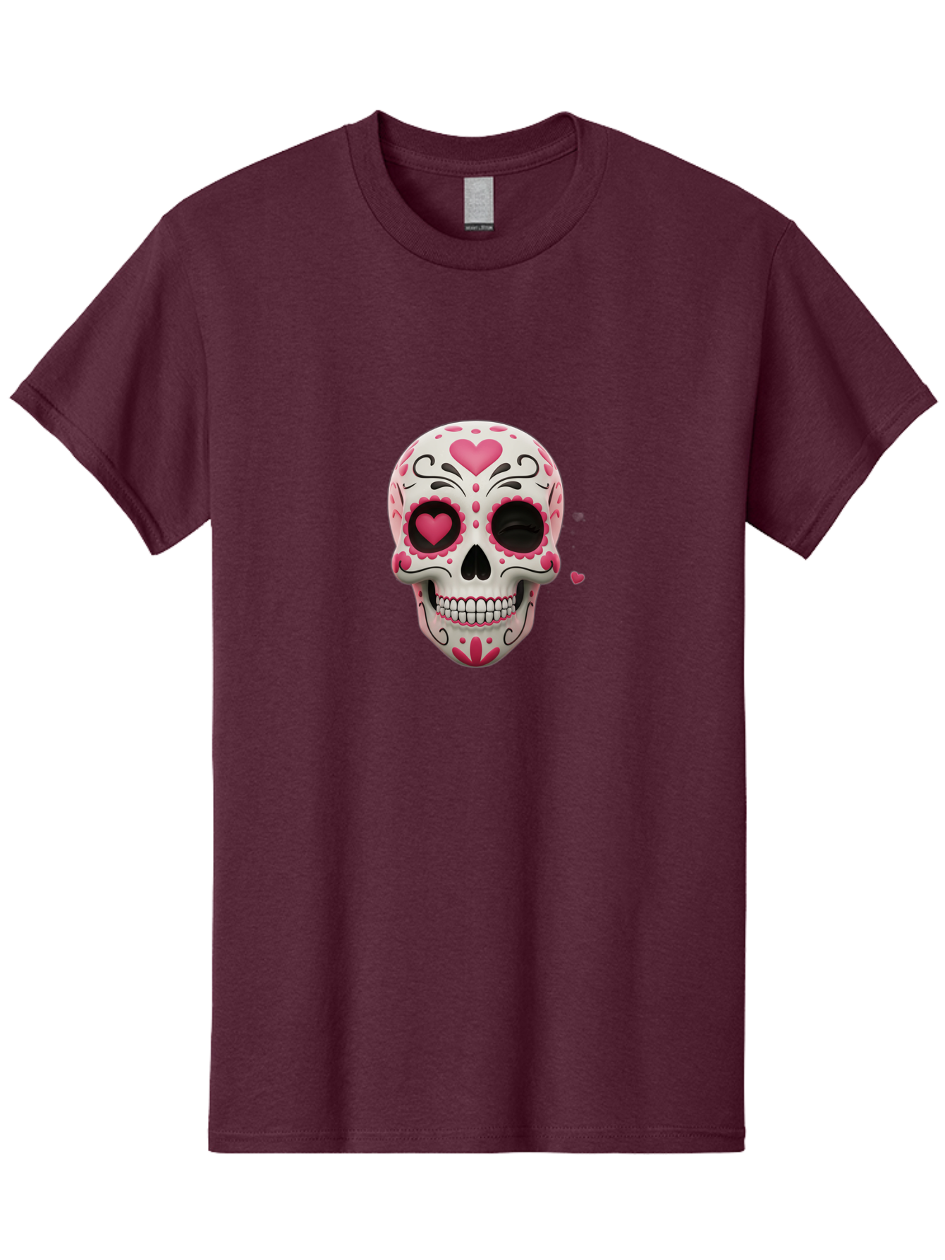 Sugar-Skull-Heart-Eyes Men'S Graphic Tee, 100% Cotton, Comfortable Casual Summer Wear, Machine Washable, Sugar Skull, Day Of The Dead, Pink Hearts, Floral Patterns, Black Swirls, Vibrant Colors, Festive Design, Intricate Details, Bad785 2