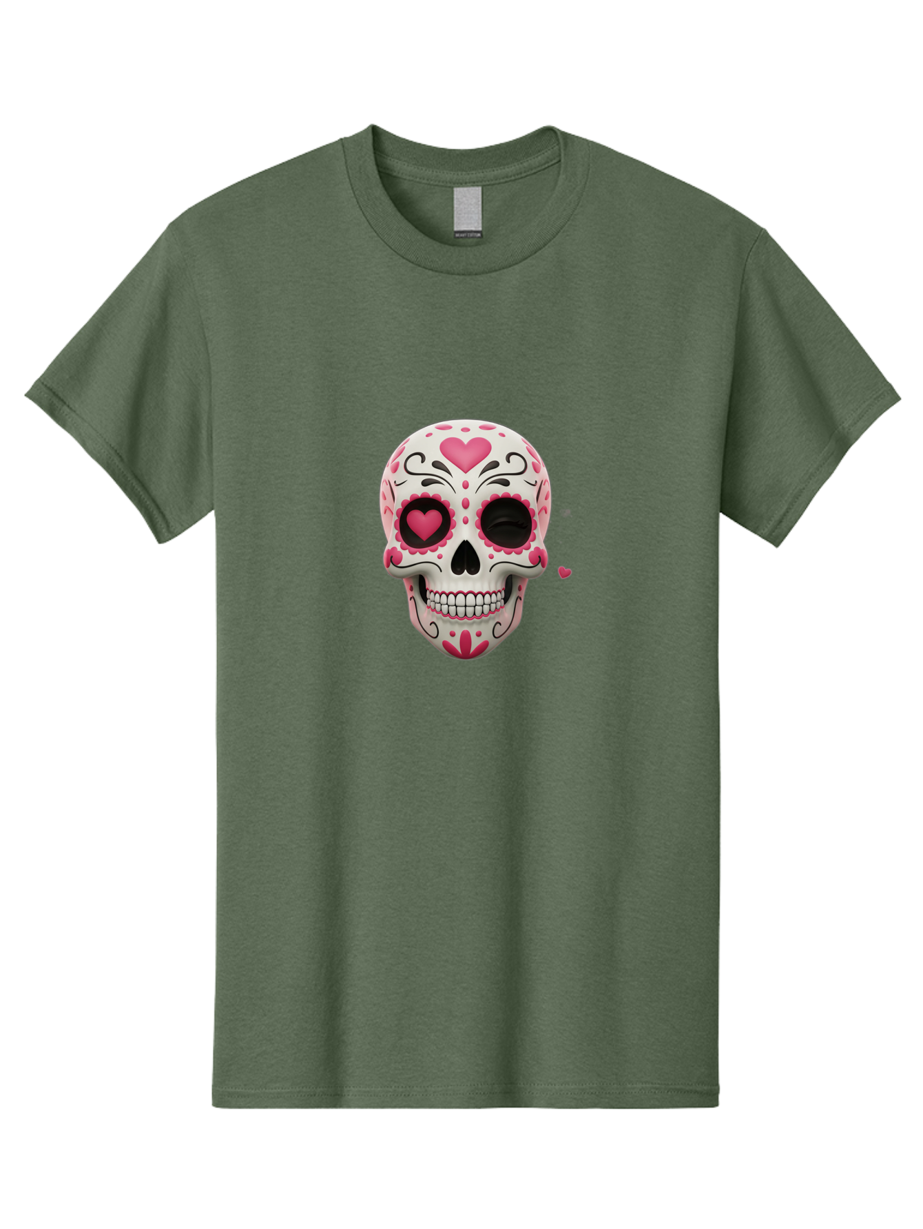Sugar-Skull-Heart-Eyes Men'S Graphic Tee, 100% Cotton, Comfortable Casual Summer Wear, Machine Washable, Sugar Skull, Day Of The Dead, Pink Hearts, Floral Patterns, Black Swirls, Vibrant Colors, Festive Design, Intricate Details, Bad785 13