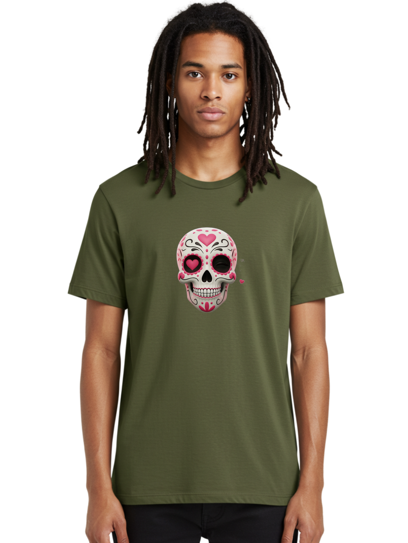 Sugar-Skull-Heart-Eyes Men'S Graphic Tee, 100% Cotton, Comfortable Casual Summer Wear, Machine Washable, Sugar Skull, Day Of The Dead, Pink Hearts, Floral Patterns, Black Swirls, Vibrant Colors, Festive Design, Intricate Details, Bad785 28