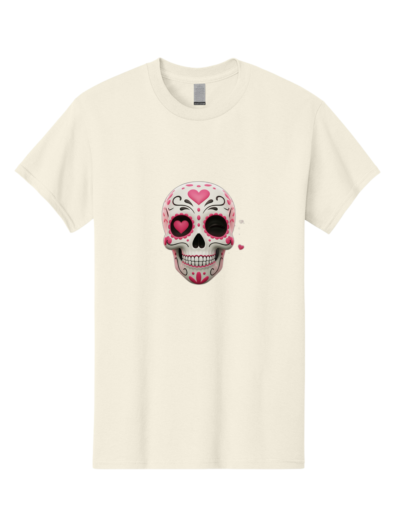 Sugar-Skull-Heart-Eyes Men'S Graphic Tee, 100% Cotton, Comfortable Casual Summer Wear, Machine Washable, Sugar Skull, Day Of The Dead, Pink Hearts, Floral Patterns, Black Swirls, Vibrant Colors, Festive Design, Intricate Details, Bad785 9