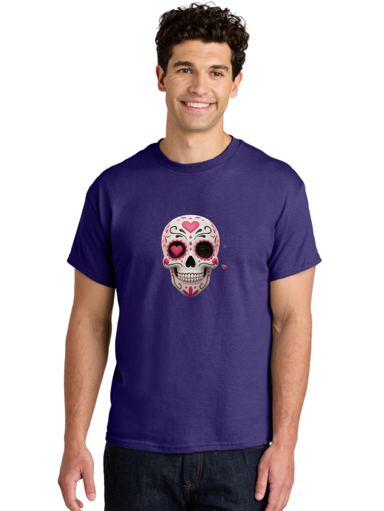 Sugar-Skull-Heart-Eyes Men'S Graphic Tee, 100% Cotton, Comfortable Casual Summer Wear, Machine Washable, Sugar Skull, Day Of The Dead, Pink Hearts, Floral Patterns, Black Swirls, Vibrant Colors, Festive Design, Intricate Details, Bad785 25