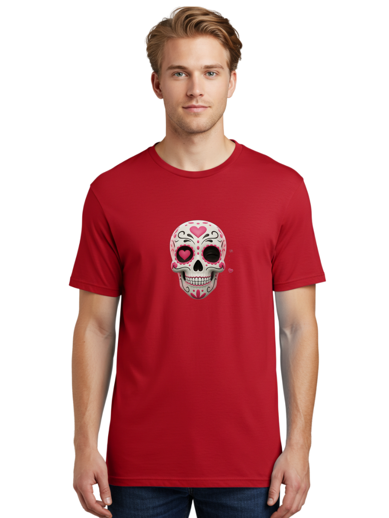 Sugar-Skull-Heart-Eyes Men'S Graphic Tee, 100% Cotton, Comfortable Casual Summer Wear, Machine Washable, Sugar Skull, Day Of The Dead, Pink Hearts, Floral Patterns, Black Swirls, Vibrant Colors, Festive Design, Intricate Details, Bad785 23