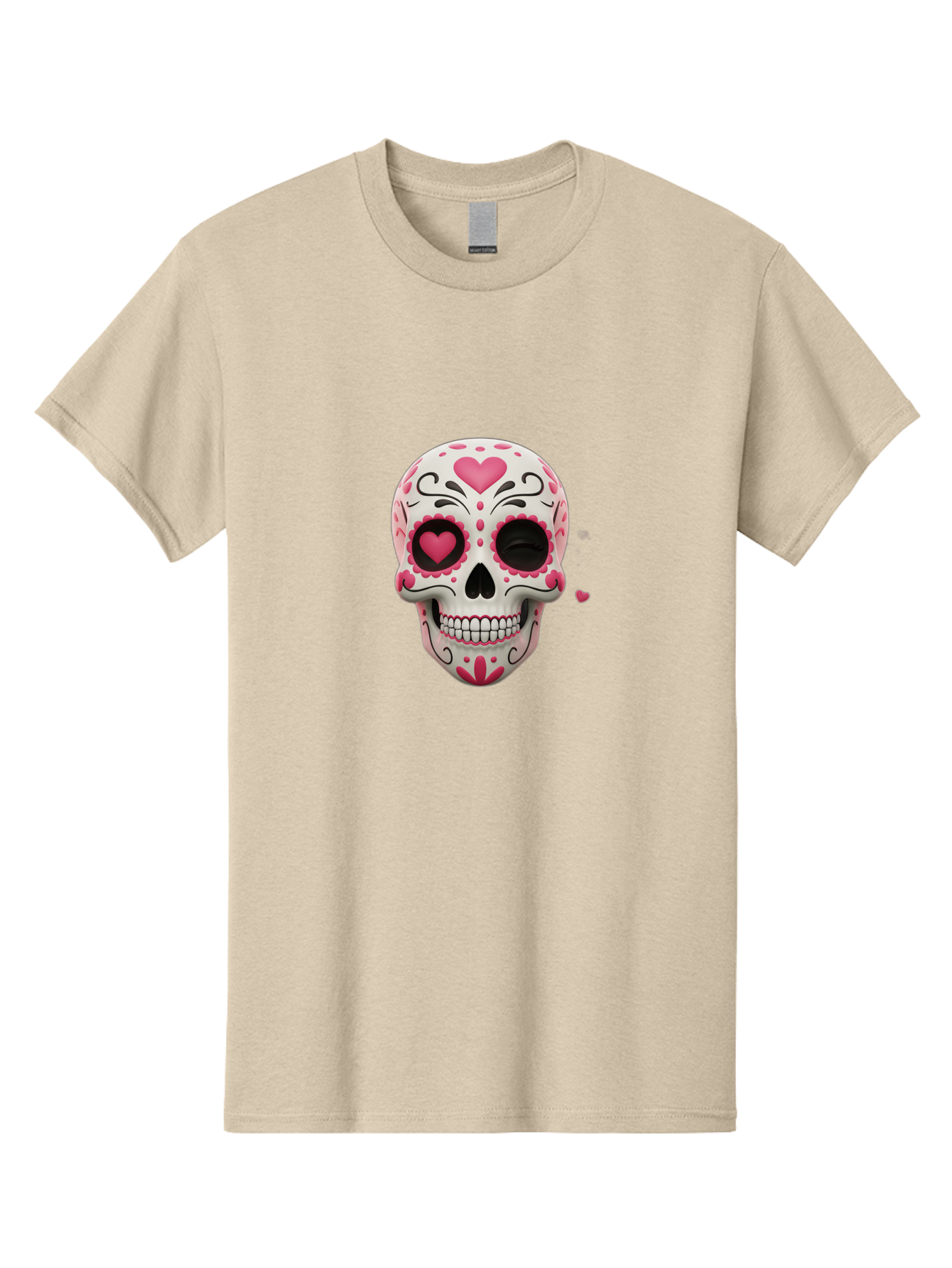 Sugar-Skull-Heart-Eyes Men'S Graphic Tee, 100% Cotton, Comfortable Casual Summer Wear, Machine Washable, Sugar Skull, Day Of The Dead, Pink Hearts, Floral Patterns, Black Swirls, Vibrant Colors, Festive Design, Intricate Details, Bad785 5
