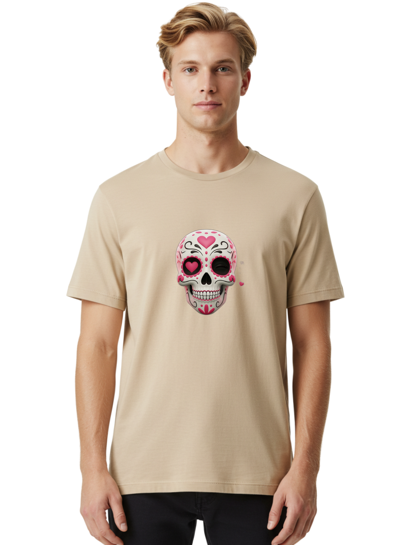 Sugar-Skull-Heart-Eyes Men'S Graphic Tee, 100% Cotton, Comfortable Casual Summer Wear, Machine Washable, Sugar Skull, Day Of The Dead, Pink Hearts, Floral Patterns, Black Swirls, Vibrant Colors, Festive Design, Intricate Details, Bad785 20