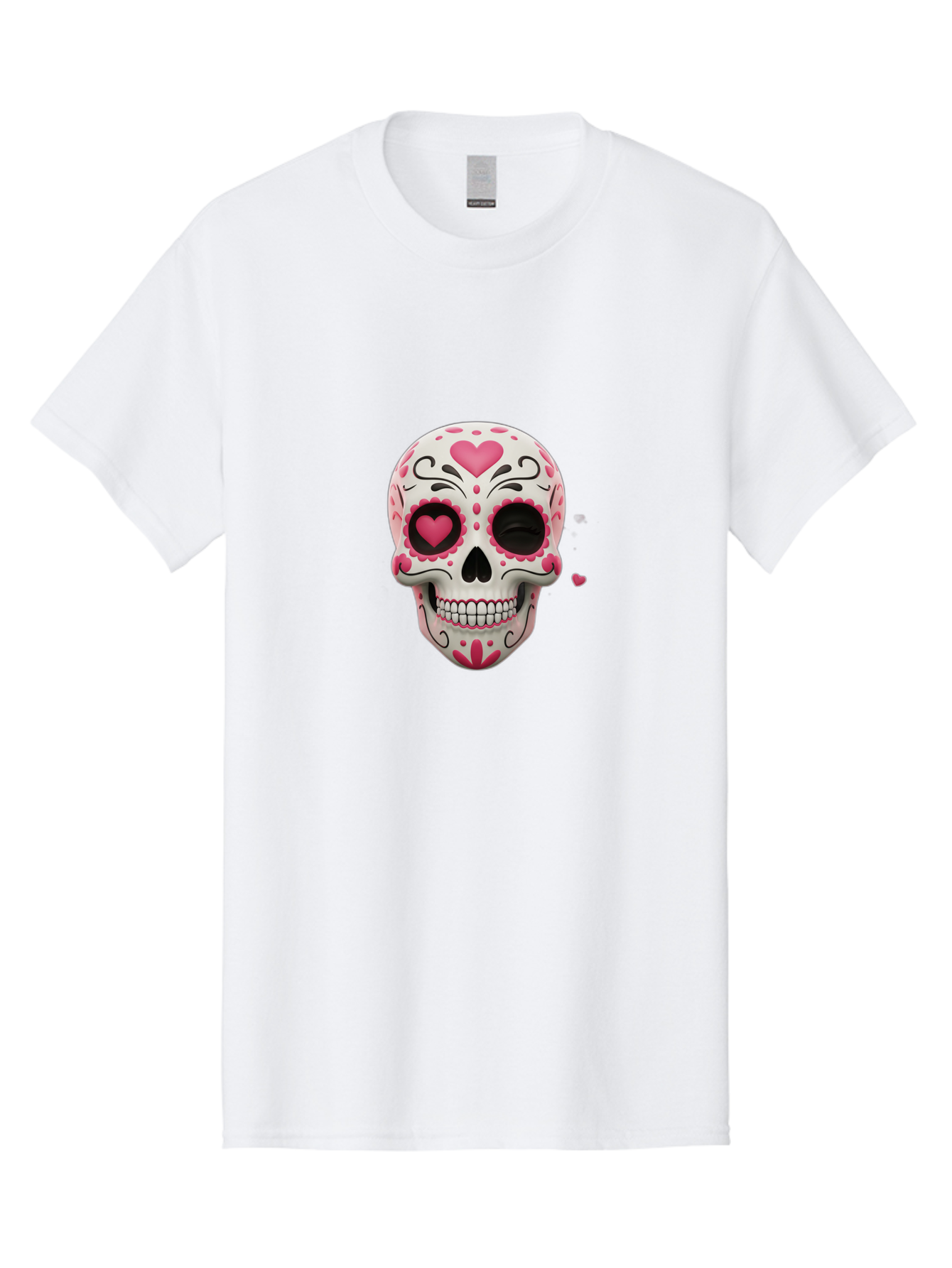 Sugar-Skull-Heart-Eyes Men'S Graphic Tee, 100% Cotton, Comfortable Casual Summer Wear, Machine Washable, Sugar Skull, Day Of The Dead, Pink Hearts, Floral Patterns, Black Swirls, Vibrant Colors, Festive Design, Intricate Details, Bad785 11