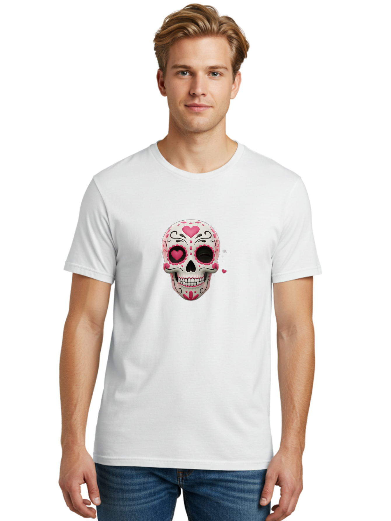 Sugar-Skull-Heart-Eyes Men'S Graphic Tee, 100% Cotton, Comfortable Casual Summer Wear, Machine Washable, Sugar Skull, Day Of The Dead, Pink Hearts, Floral Patterns, Black Swirls, Vibrant Colors, Festive Design, Intricate Details, Bad785 26