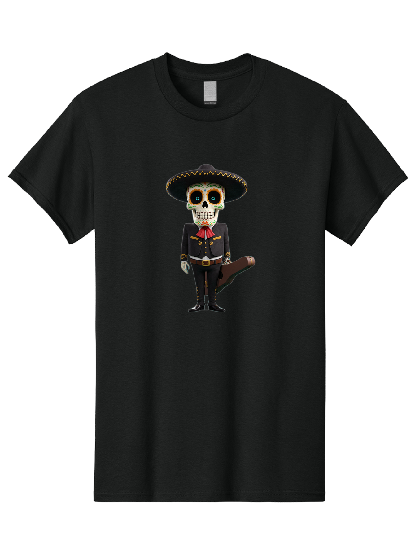 Sugar-Skull-Mariachi Men'S Graphic Tee, 100% Cotton, Comfortable Casual Summer Wear, Machine Washable, Sugar Skull, Mariachi Costume, Guitar Case, Day Of The Dead, Mexican Culture, Skeleton Decoration, Mariachi Attire, Festive Spirit, Bad786 7