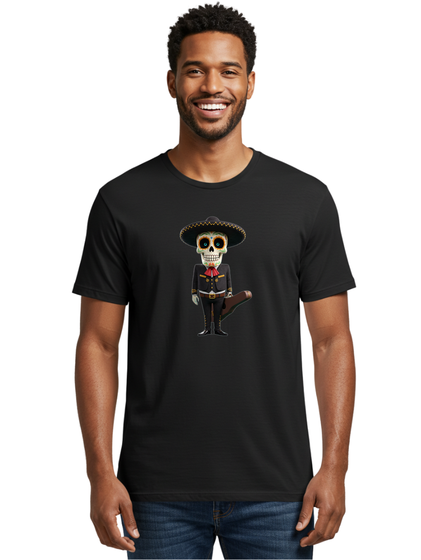 Sugar-Skull-Mariachi Men'S Graphic Tee, 100% Cotton, Comfortable Casual Summer Wear, Machine Washable, Sugar Skull, Mariachi Costume, Guitar Case, Day Of The Dead, Mexican Culture, Skeleton Decoration, Mariachi Attire, Festive Spirit, Bad786 22