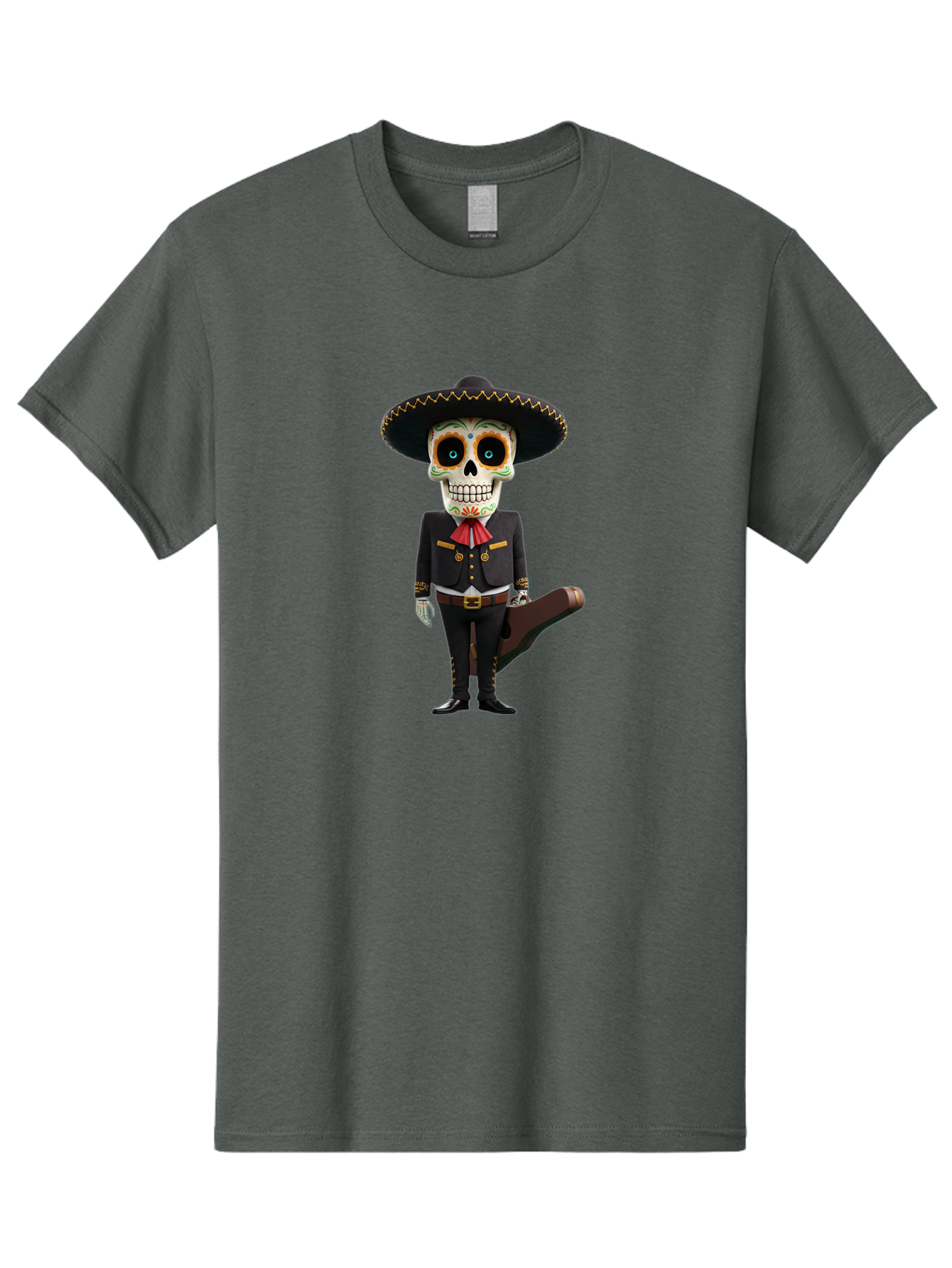Sugar-Skull-Mariachi Men'S Graphic Tee, 100% Cotton, Comfortable Casual Summer Wear, Machine Washable, Sugar Skull, Mariachi Costume, Guitar Case, Day Of The Dead, Mexican Culture, Skeleton Decoration, Mariachi Attire, Festive Spirit, Bad786 4