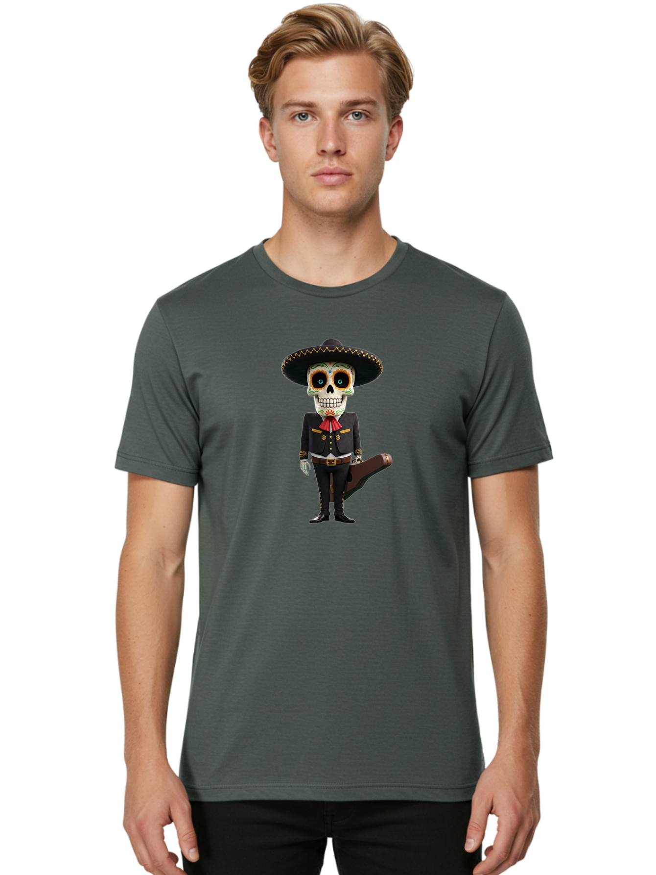 Sugar-Skull-Mariachi Men'S Graphic Tee, 100% Cotton, Comfortable Casual Summer Wear, Machine Washable, Sugar Skull, Mariachi Costume, Guitar Case, Day Of The Dead, Mexican Culture, Skeleton Decoration, Mariachi Attire, Festive Spirit, Bad786 19