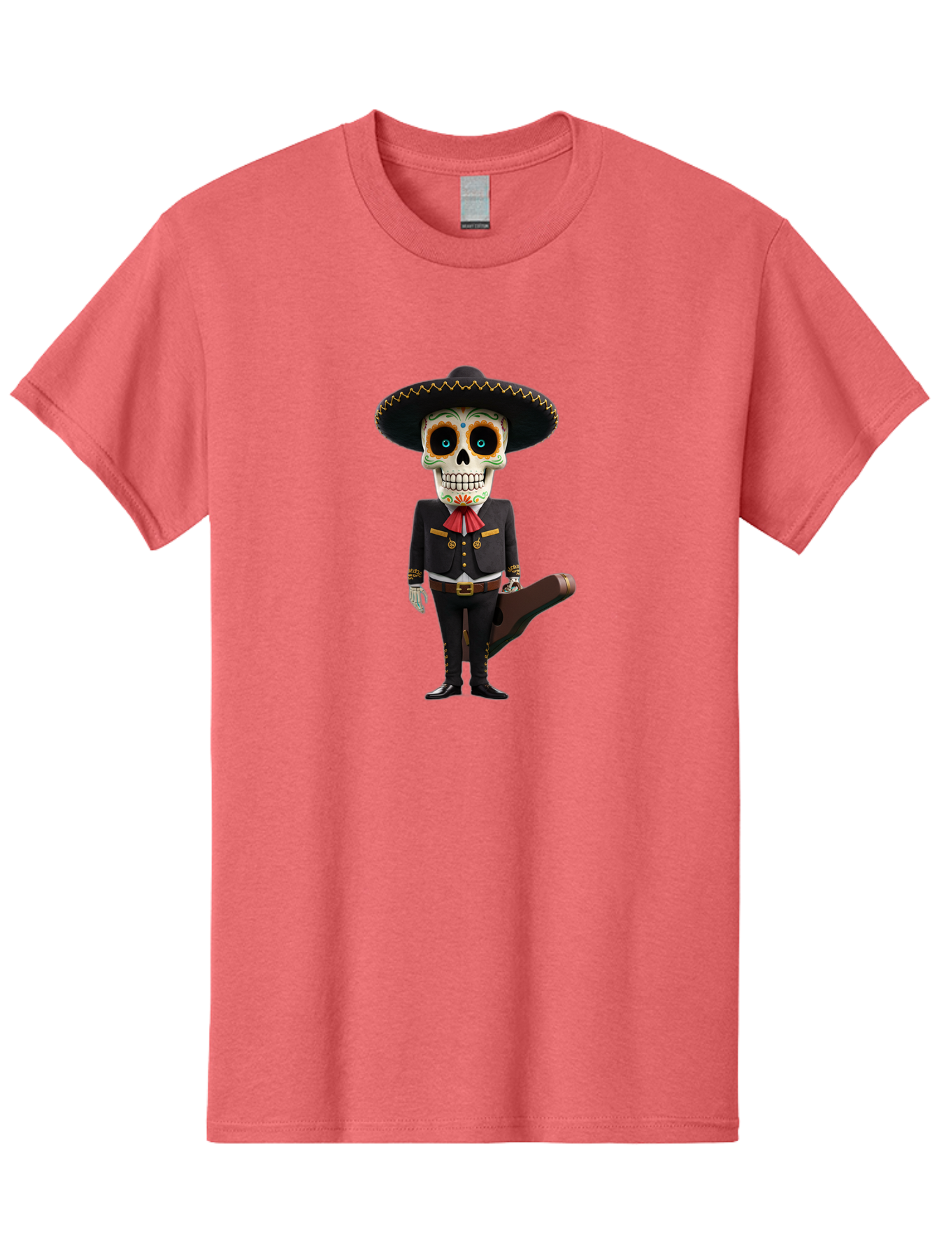 Sugar-Skull-Mariachi Men'S Graphic Tee, 100% Cotton, Comfortable Casual Summer Wear, Machine Washable, Sugar Skull, Mariachi Costume, Guitar Case, Day Of The Dead, Mexican Culture, Skeleton Decoration, Mariachi Attire, Festive Spirit, Bad786 3