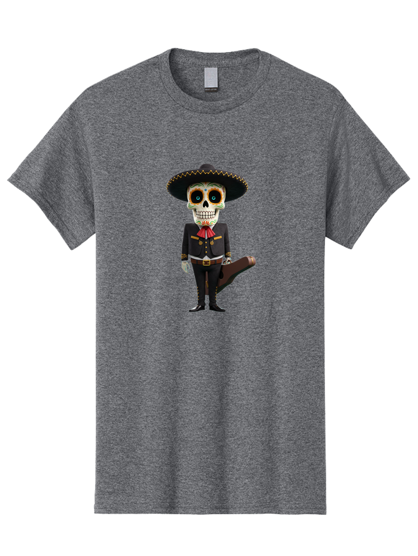 Sugar-Skull-Mariachi Men'S Graphic Tee, 100% Cotton, Comfortable Casual Summer Wear, Machine Washable, Sugar Skull, Mariachi Costume, Guitar Case, Day Of The Dead, Mexican Culture, Skeleton Decoration, Mariachi Attire, Festive Spirit, Bad786 6