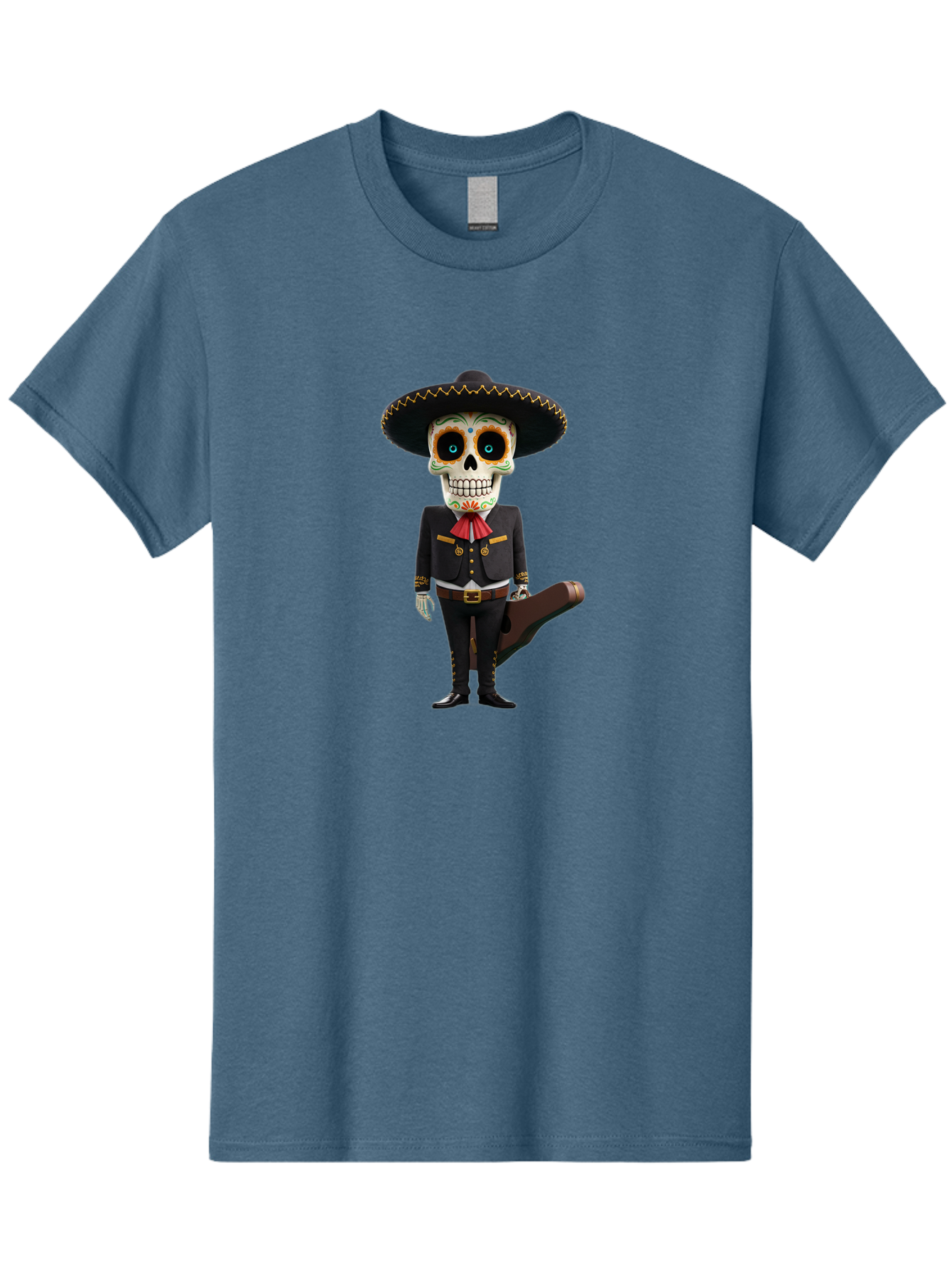 Sugar-Skull-Mariachi Men'S Graphic Tee, 100% Cotton, Comfortable Casual Summer Wear, Machine Washable, Sugar Skull, Mariachi Costume, Guitar Case, Day Of The Dead, Mexican Culture, Skeleton Decoration, Mariachi Attire, Festive Spirit, Bad786 14