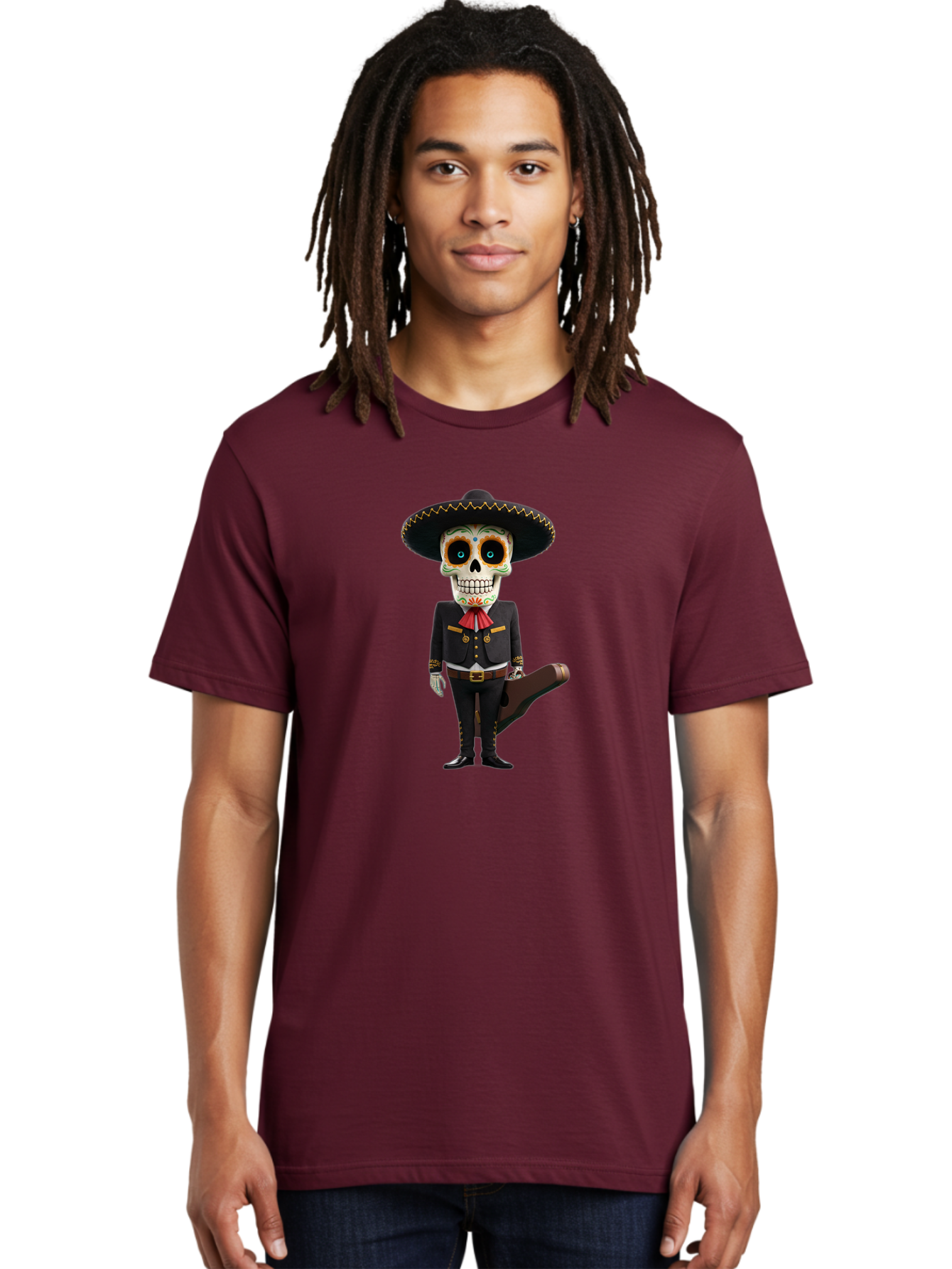 Sugar-Skull-Mariachi Men'S Graphic Tee, 100% Cotton, Comfortable Casual Summer Wear, Machine Washable, Sugar Skull, Mariachi Costume, Guitar Case, Day Of The Dead, Mexican Culture, Skeleton Decoration, Mariachi Attire, Festive Spirit, Bad786 23