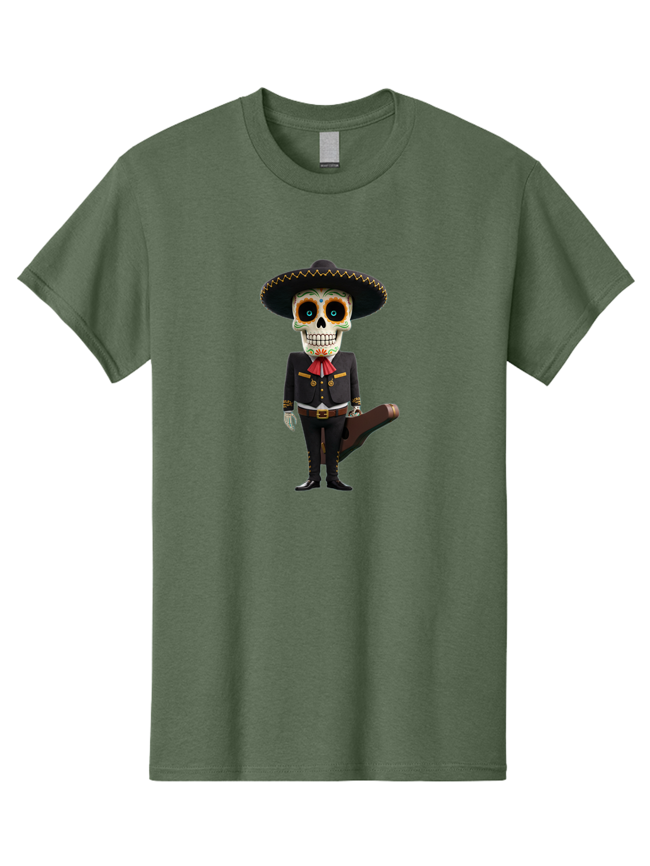 Sugar-Skull-Mariachi Men'S Graphic Tee, 100% Cotton, Comfortable Casual Summer Wear, Machine Washable, Sugar Skull, Mariachi Costume, Guitar Case, Day Of The Dead, Mexican Culture, Skeleton Decoration, Mariachi Attire, Festive Spirit, Bad786 9