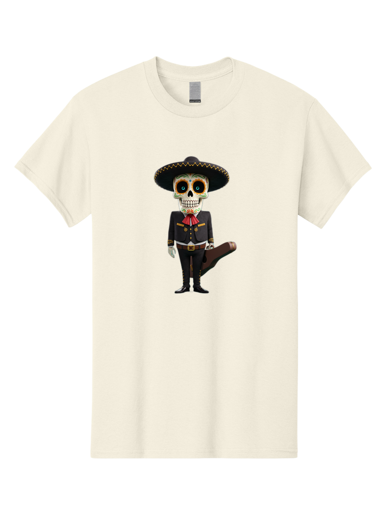 Sugar-Skull-Mariachi Men'S Graphic Tee, 100% Cotton, Comfortable Casual Summer Wear, Machine Washable, Sugar Skull, Mariachi Costume, Guitar Case, Day Of The Dead, Mexican Culture, Skeleton Decoration, Mariachi Attire, Festive Spirit, Bad786 1