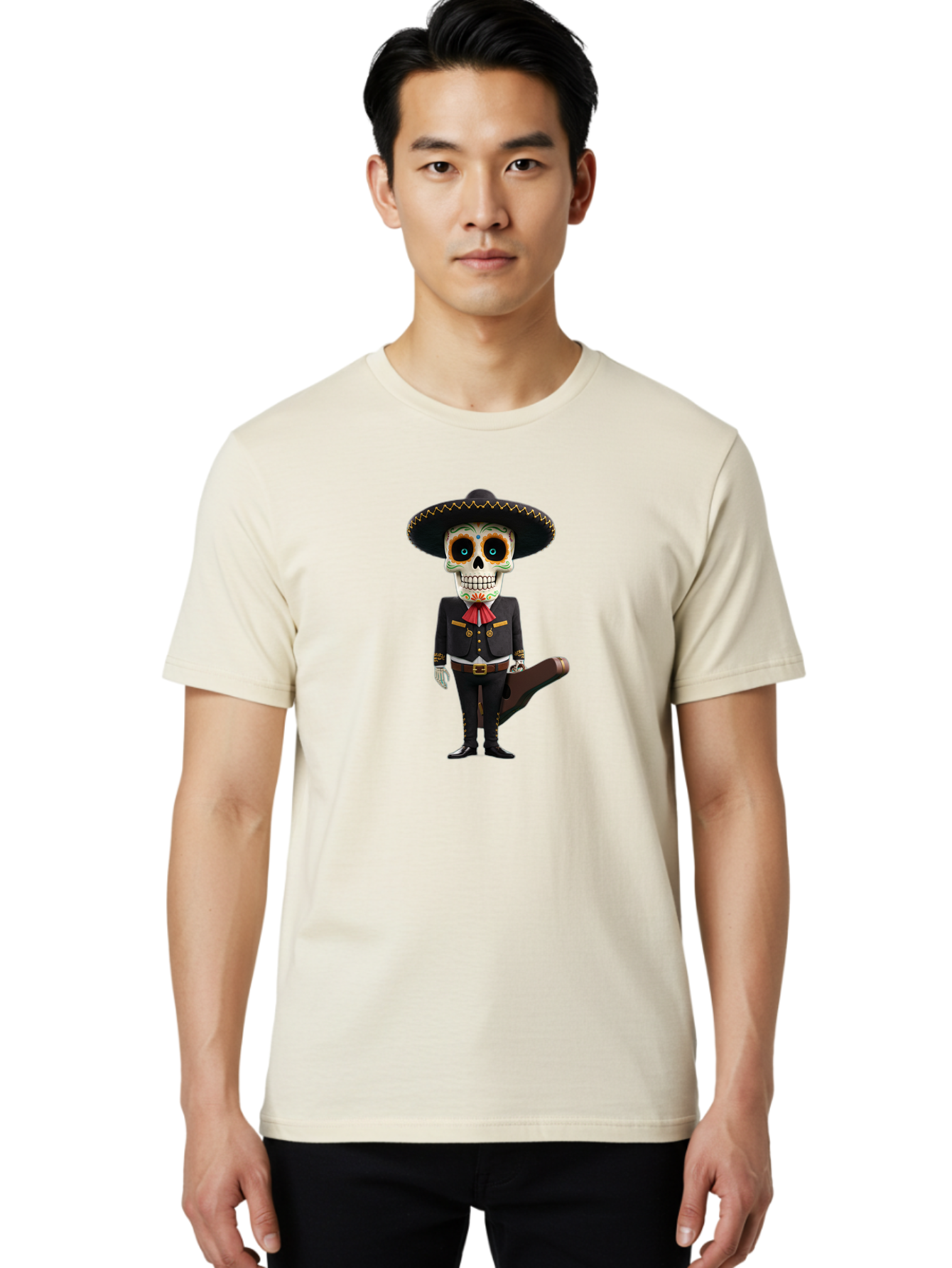 Sugar-Skull-Mariachi Men'S Graphic Tee, 100% Cotton, Comfortable Casual Summer Wear, Machine Washable, Sugar Skull, Mariachi Costume, Guitar Case, Day Of The Dead, Mexican Culture, Skeleton Decoration, Mariachi Attire, Festive Spirit, Bad786 16