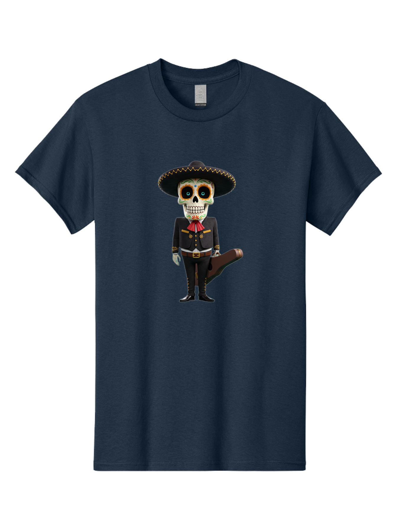 Sugar-Skull-Mariachi Men'S Graphic Tee, 100% Cotton, Comfortable Casual Summer Wear, Machine Washable, Sugar Skull, Mariachi Costume, Guitar Case, Day Of The Dead, Mexican Culture, Skeleton Decoration, Mariachi Attire, Festive Spirit, Bad786 11