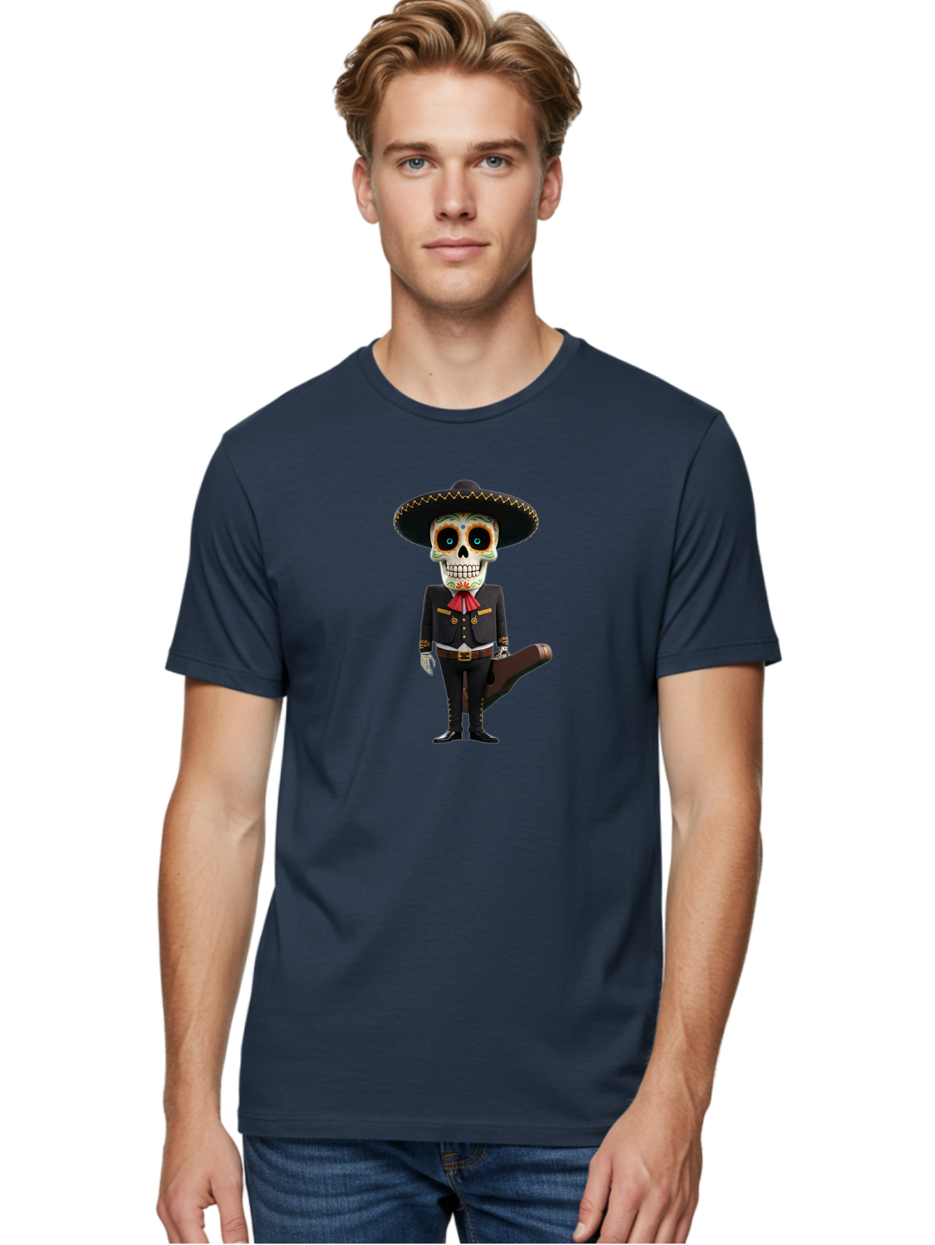 Sugar-Skull-Mariachi Men'S Graphic Tee, 100% Cotton, Comfortable Casual Summer Wear, Machine Washable, Sugar Skull, Mariachi Costume, Guitar Case, Day Of The Dead, Mexican Culture, Skeleton Decoration, Mariachi Attire, Festive Spirit, Bad786 26