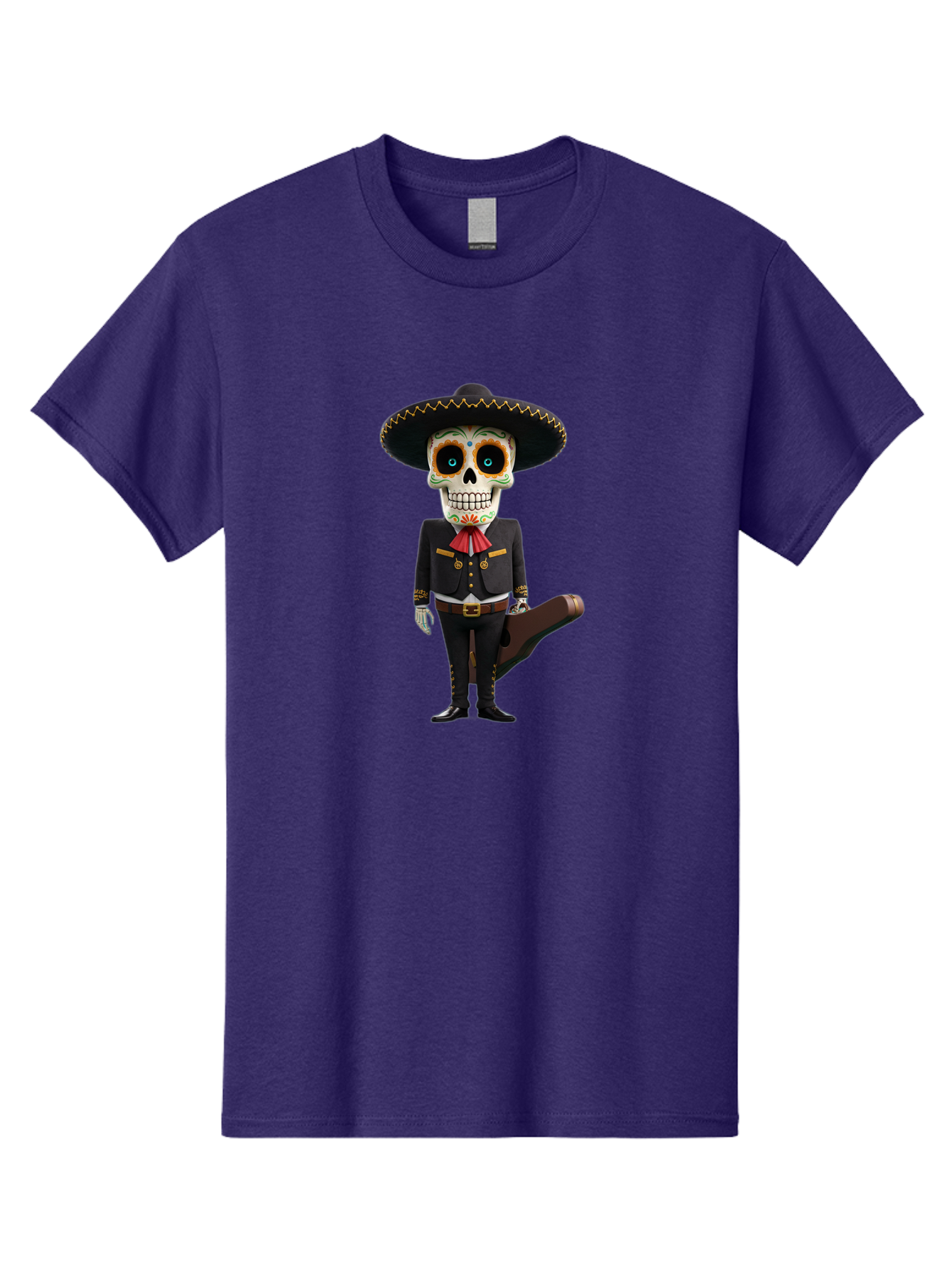 Sugar-Skull-Mariachi Men'S Graphic Tee, 100% Cotton, Comfortable Casual Summer Wear, Machine Washable, Sugar Skull, Mariachi Costume, Guitar Case, Day Of The Dead, Mexican Culture, Skeleton Decoration, Mariachi Attire, Festive Spirit, Bad786 15