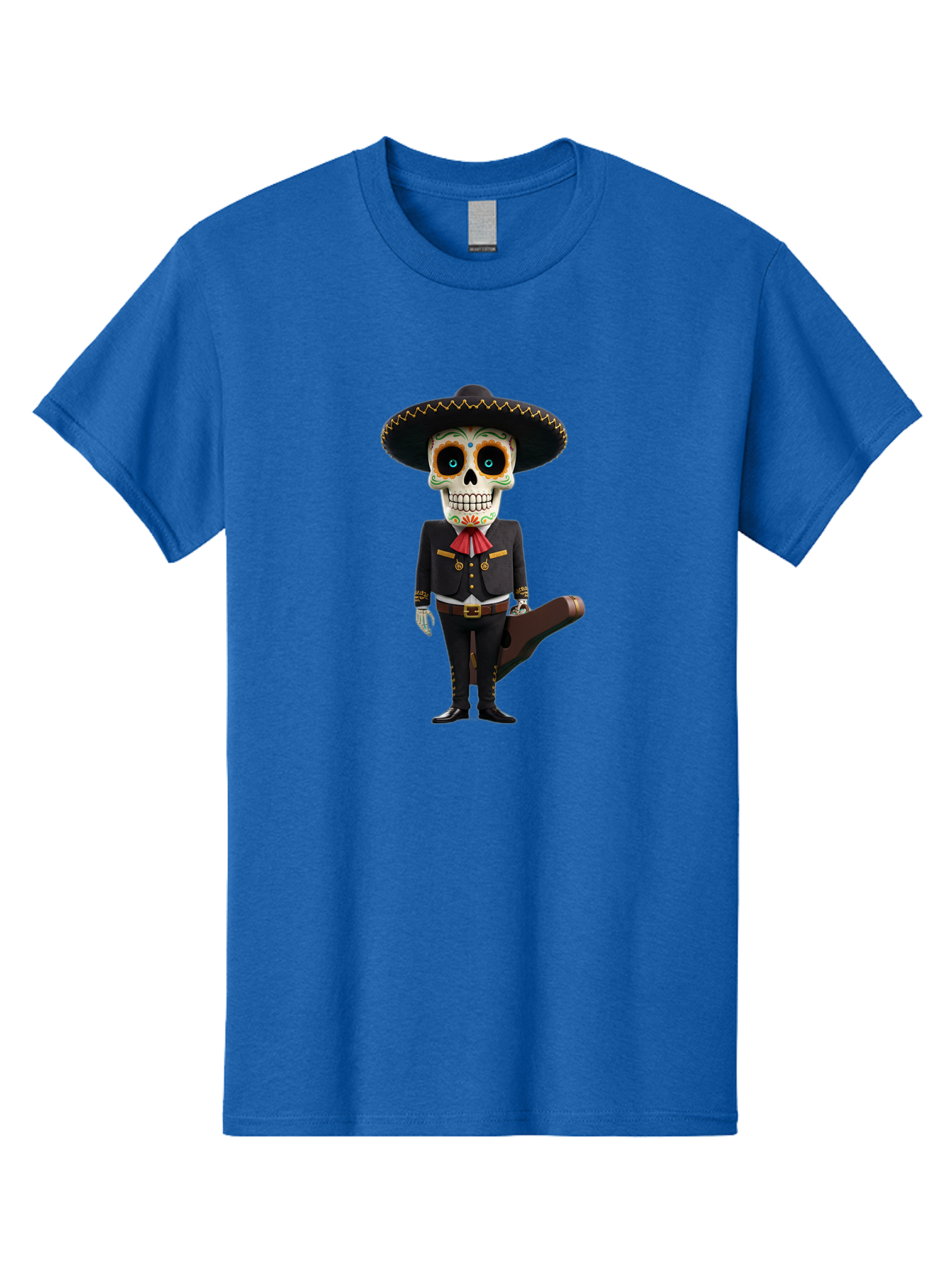 Sugar-Skull-Mariachi Men'S Graphic Tee, 100% Cotton, Comfortable Casual Summer Wear, Machine Washable, Sugar Skull, Mariachi Costume, Guitar Case, Day Of The Dead, Mexican Culture, Skeleton Decoration, Mariachi Attire, Festive Spirit, Bad786 5