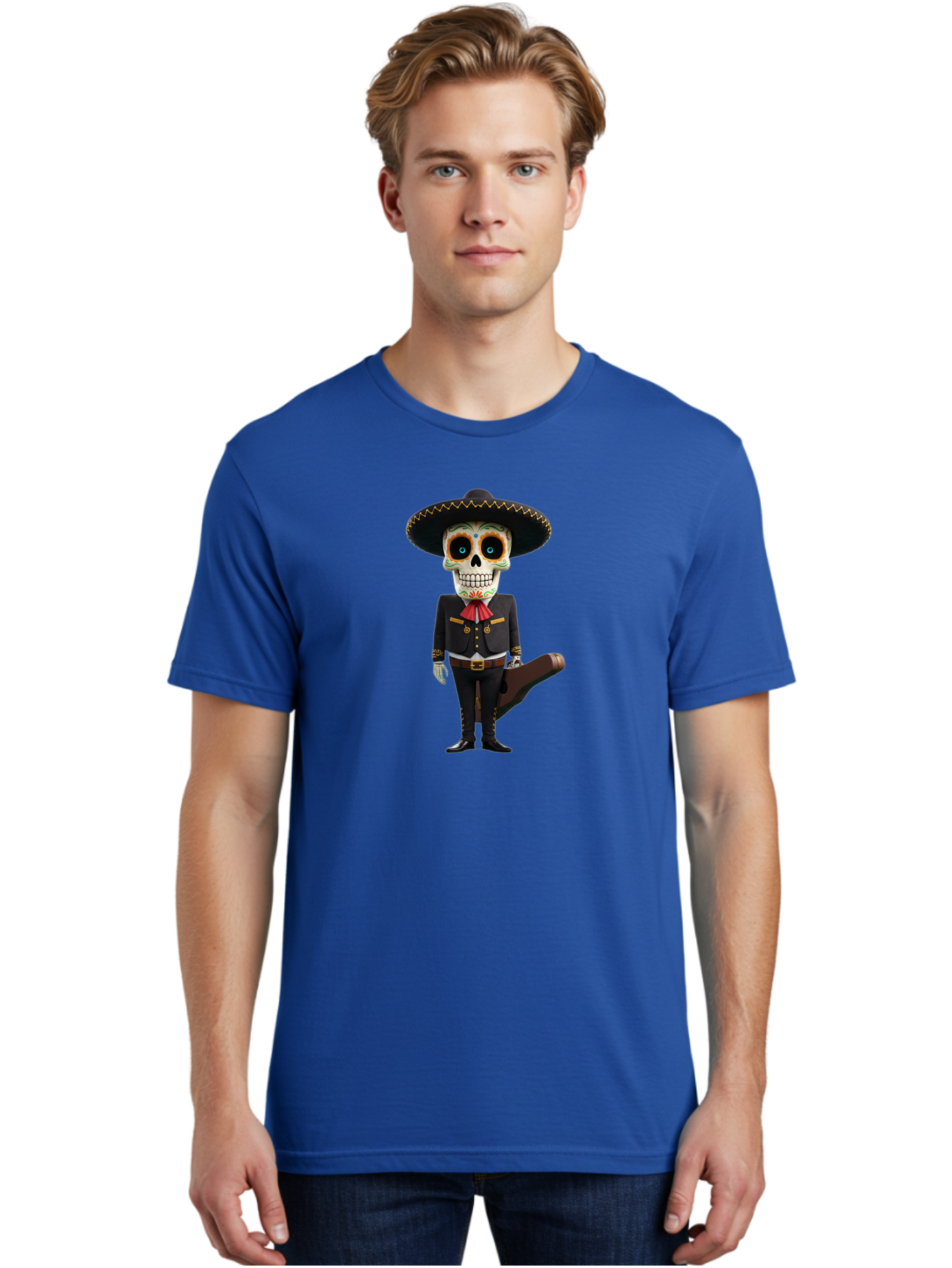 Sugar-Skull-Mariachi Men'S Graphic Tee, 100% Cotton, Comfortable Casual Summer Wear, Machine Washable, Sugar Skull, Mariachi Costume, Guitar Case, Day Of The Dead, Mexican Culture, Skeleton Decoration, Mariachi Attire, Festive Spirit, Bad786 20