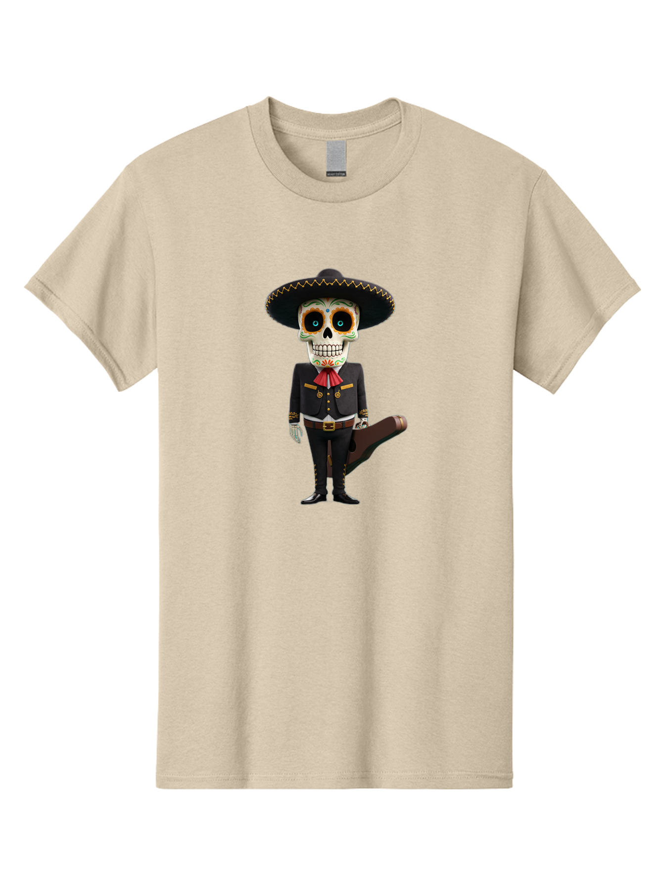 Sugar-Skull-Mariachi Men'S Graphic Tee, 100% Cotton, Comfortable Casual Summer Wear, Machine Washable, Sugar Skull, Mariachi Costume, Guitar Case, Day Of The Dead, Mexican Culture, Skeleton Decoration, Mariachi Attire, Festive Spirit, Bad786 13