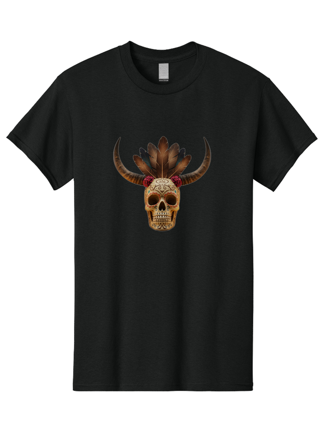 Sugar-Skull-Minotaur Men'S Graphic Tee, 100% Cotton, Comfortable Casual Summer Wear, Machine Washable, Sugar Skull, Minotaur, Bull Skull, Day Of The Dead, Dia De Los Muertos, Tribal Art, Feathered Headdress, Gothic Decor, Skull Art Bad787 3