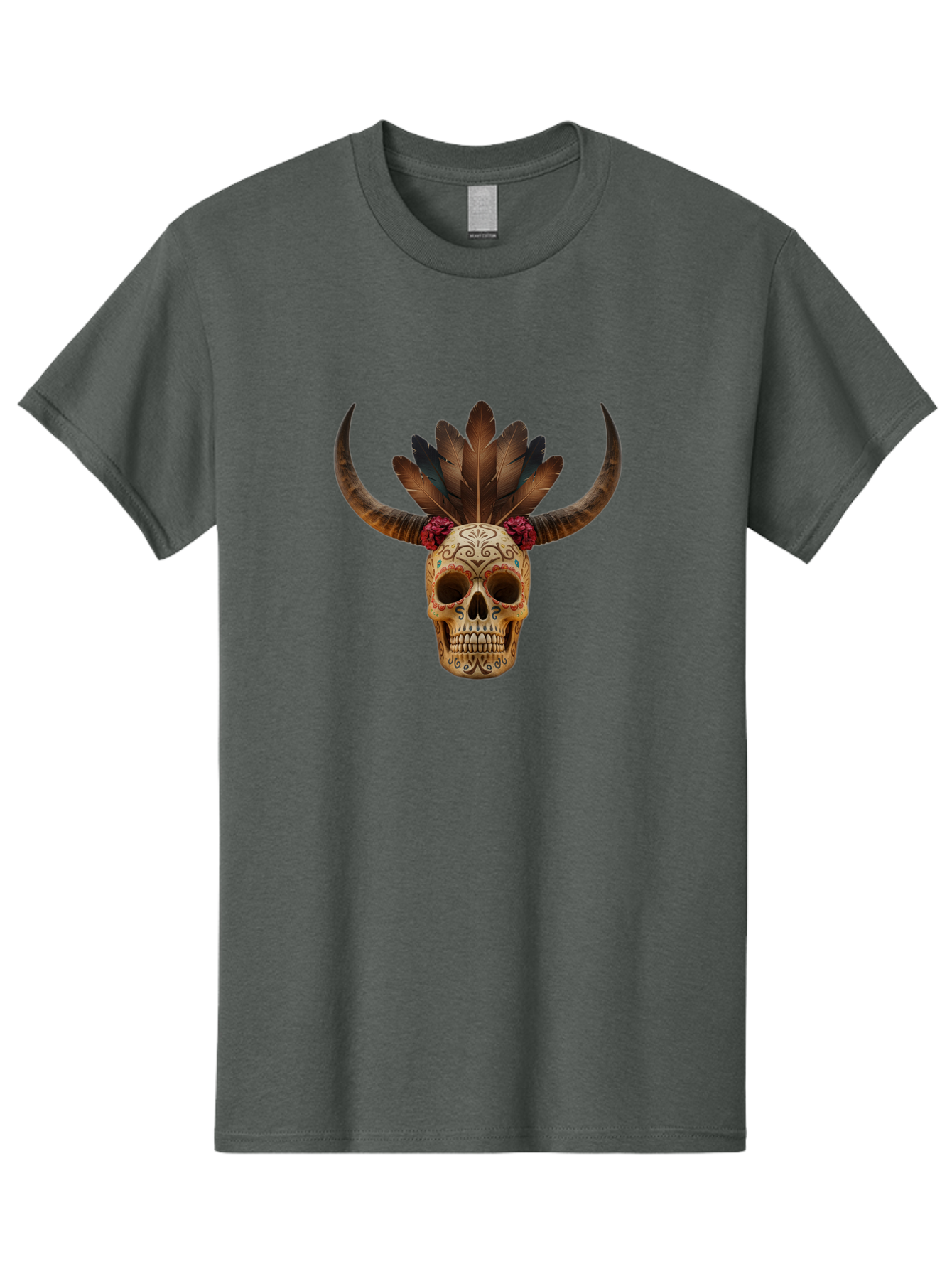 Sugar-Skull-Minotaur Men'S Graphic Tee, 100% Cotton, Comfortable Casual Summer Wear, Machine Washable, Sugar Skull, Minotaur, Bull Skull, Day Of The Dead, Dia De Los Muertos, Tribal Art, Feathered Headdress, Gothic Decor, Skull Art Bad787 7