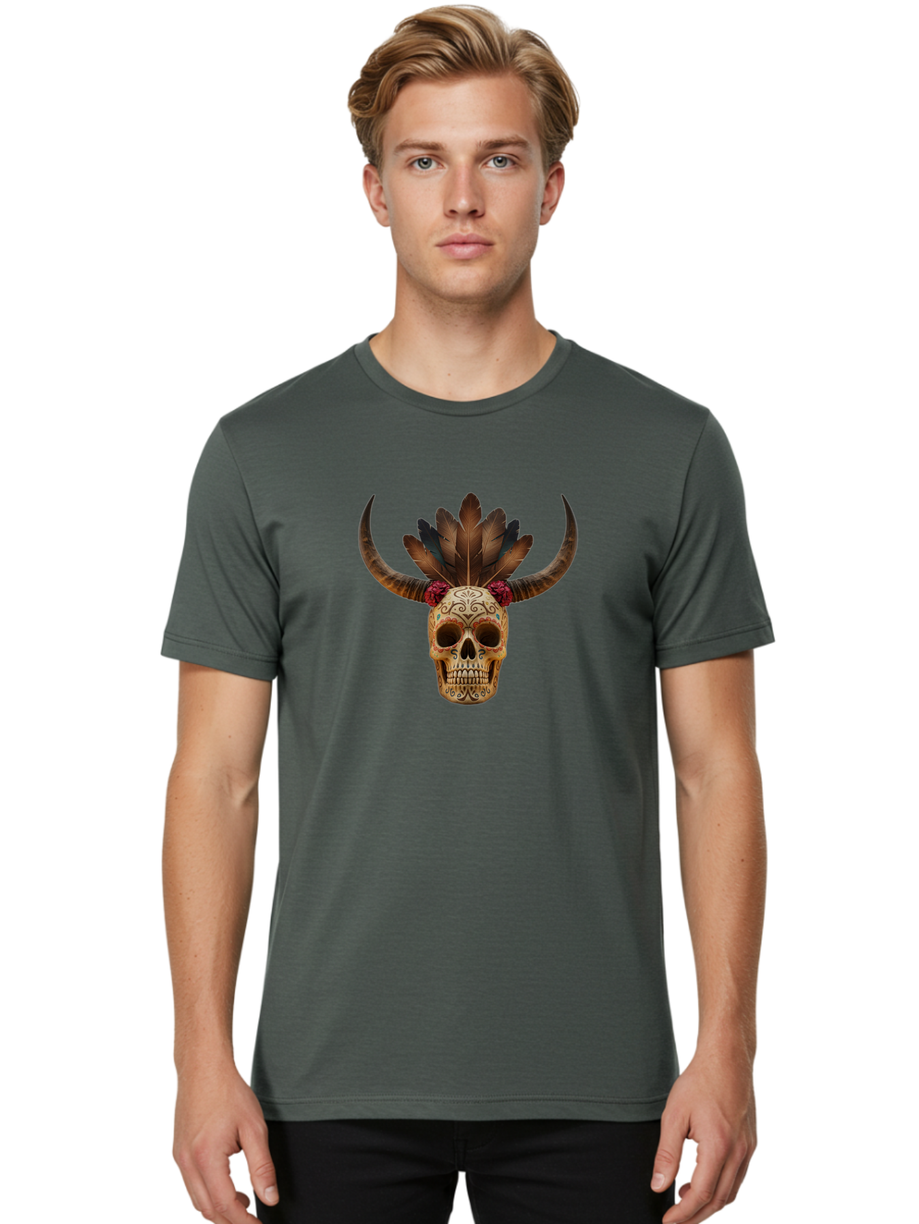 Sugar-Skull-Minotaur Men'S Graphic Tee, 100% Cotton, Comfortable Casual Summer Wear, Machine Washable, Sugar Skull, Minotaur, Bull Skull, Day Of The Dead, Dia De Los Muertos, Tribal Art, Feathered Headdress, Gothic Decor, Skull Art Bad787 22
