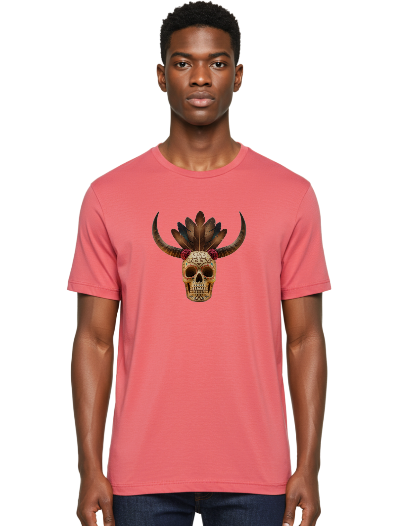 Sugar-Skull-Minotaur Men'S Graphic Tee, 100% Cotton, Comfortable Casual Summer Wear, Machine Washable, Sugar Skull, Minotaur, Bull Skull, Day Of The Dead, Dia De Los Muertos, Tribal Art, Feathered Headdress, Gothic Decor, Skull Art Bad787 26