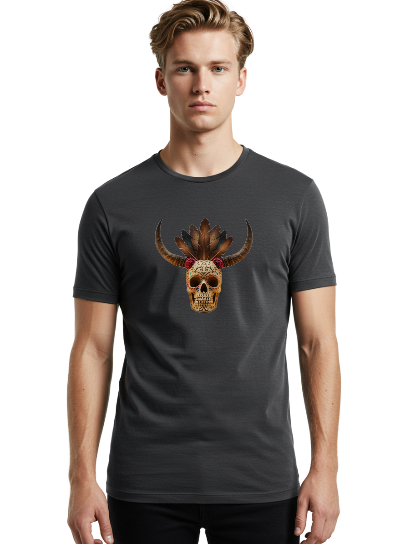 Sugar-Skull-Minotaur Men'S Graphic Tee, 100% Cotton, Comfortable Casual Summer Wear, Machine Washable, Sugar Skull, Minotaur, Bull Skull, Day Of The Dead, Dia De Los Muertos, Tribal Art, Feathered Headdress, Gothic Decor, Skull Art Bad787 16