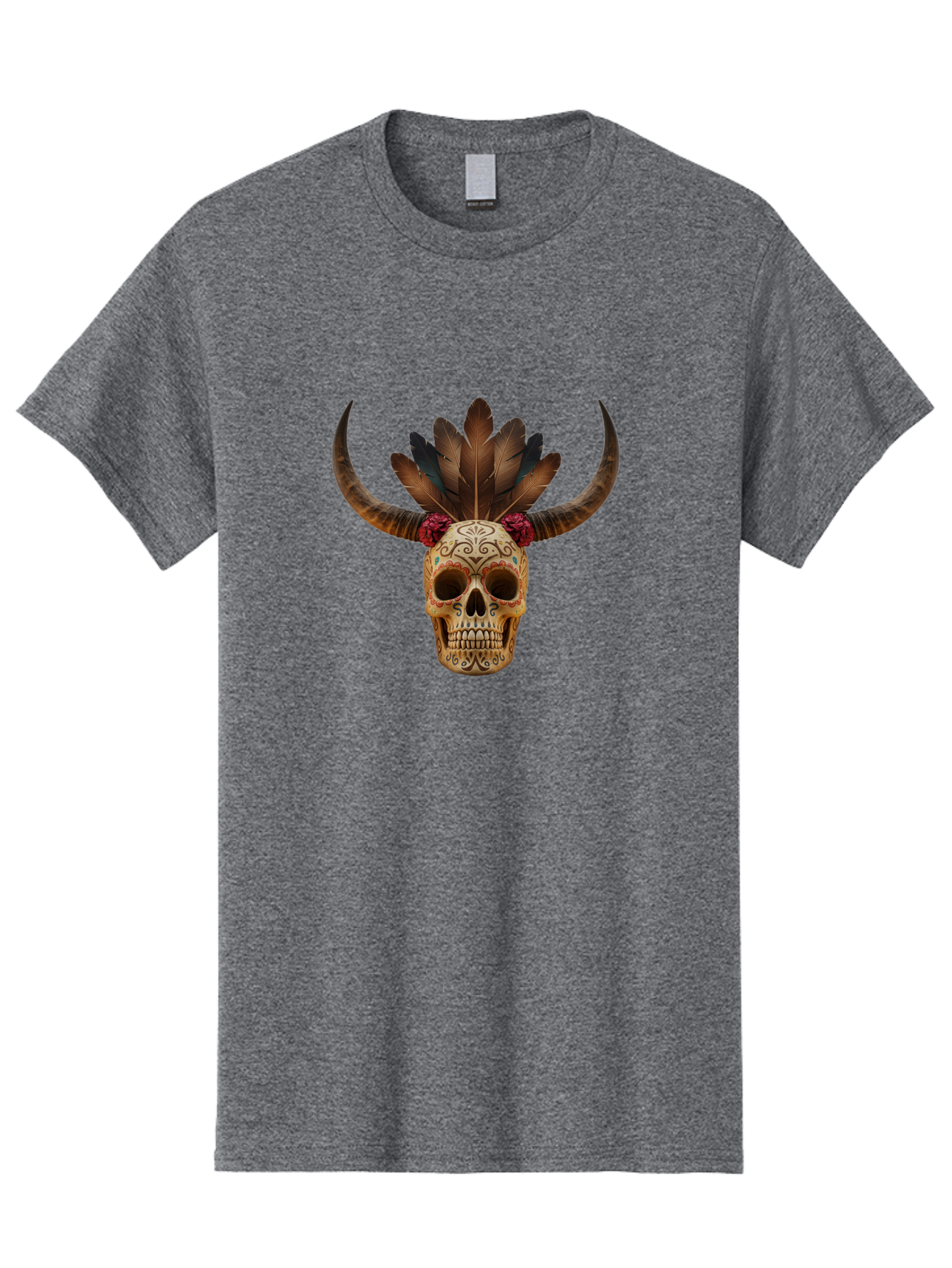 Sugar-Skull-Minotaur Men'S Graphic Tee, 100% Cotton, Comfortable Casual Summer Wear, Machine Washable, Sugar Skull, Minotaur, Bull Skull, Day Of The Dead, Dia De Los Muertos, Tribal Art, Feathered Headdress, Gothic Decor, Skull Art Bad787 9