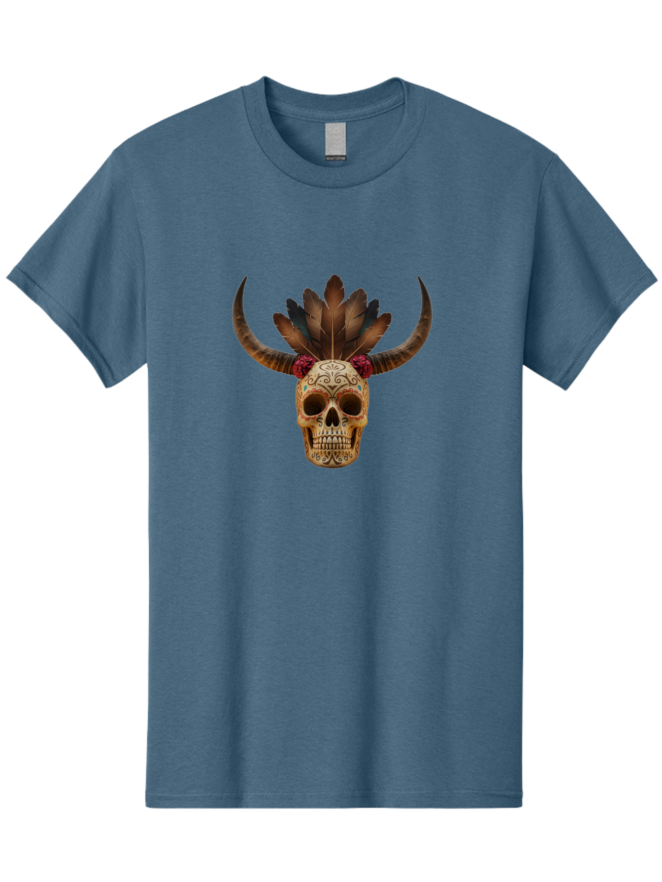 Sugar-Skull-Minotaur Men'S Graphic Tee, 100% Cotton, Comfortable Casual Summer Wear, Machine Washable, Sugar Skull, Minotaur, Bull Skull, Day Of The Dead, Dia De Los Muertos, Tribal Art, Feathered Headdress, Gothic Decor, Skull Art Bad787 15