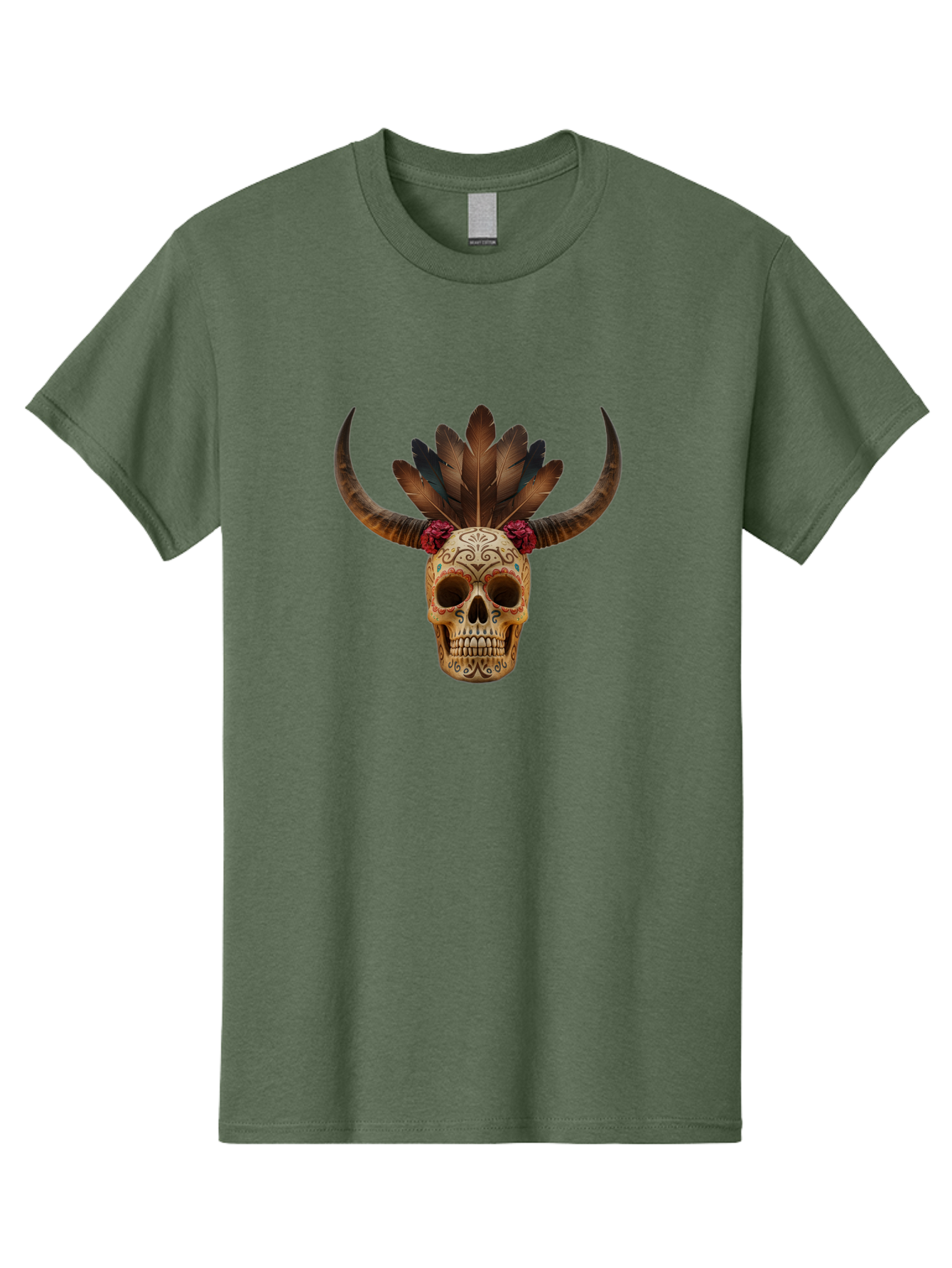 Sugar-Skull-Minotaur Men'S Graphic Tee, 100% Cotton, Comfortable Casual Summer Wear, Machine Washable, Sugar Skull, Minotaur, Bull Skull, Day Of The Dead, Dia De Los Muertos, Tribal Art, Feathered Headdress, Gothic Decor, Skull Art Bad787 5